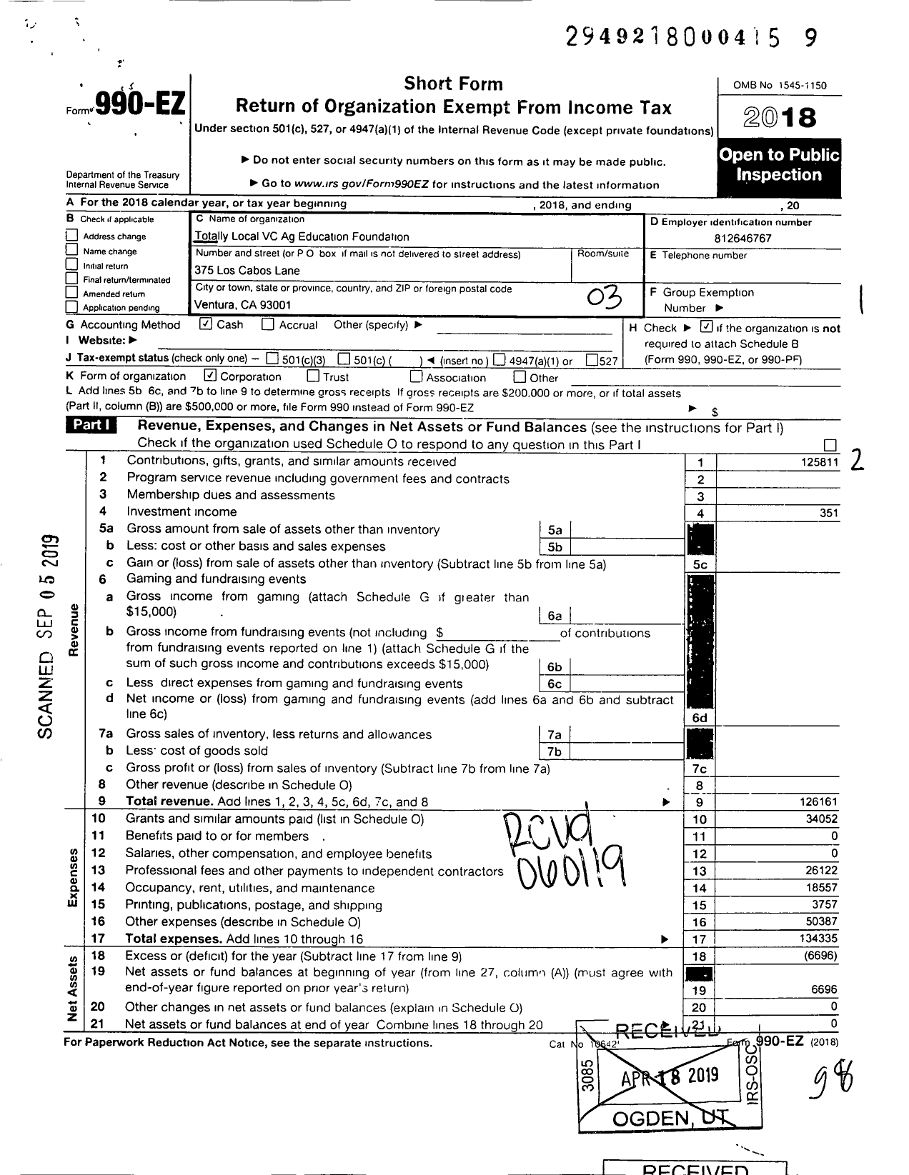 Image of first page of 2018 Form 990EZ for Totally Local VC Agricultural Education Foundation