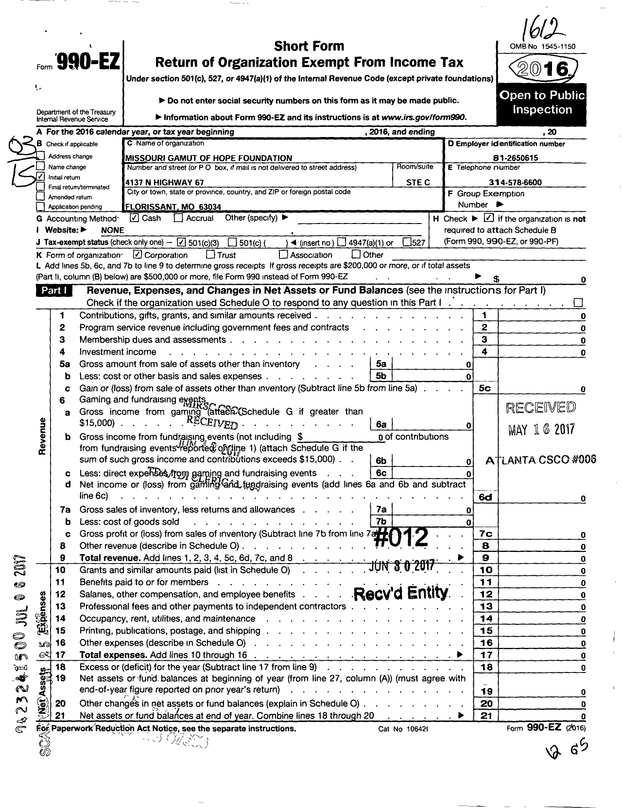 Image of first page of 2016 Form 990EZ for Missouri Gamut of Hope Foundation