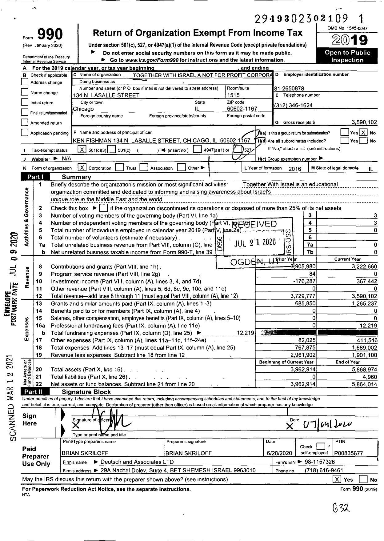 Image of first page of 2019 Form 990 for Togetherwithisrael with Israel A Not for Profit