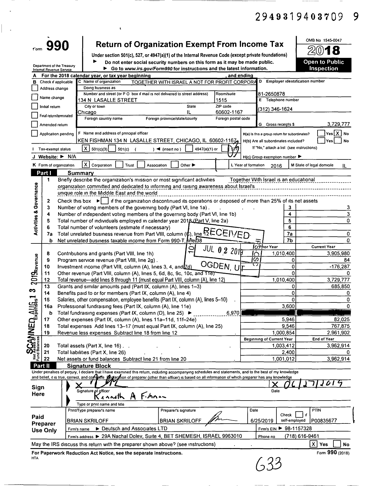 Image of first page of 2018 Form 990 for Togetherwithisrael with Israel A Not for Profit