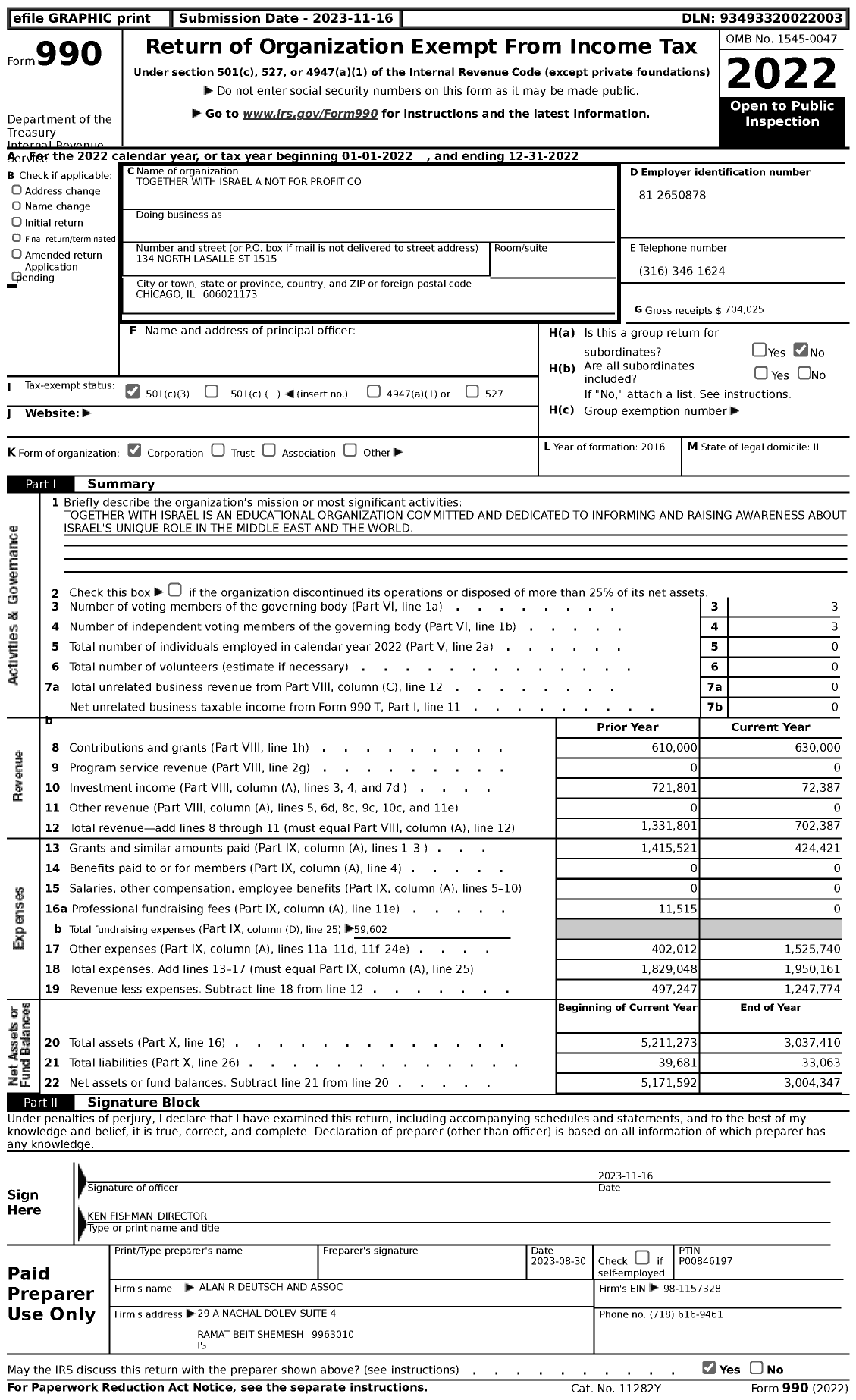 Image of first page of 2022 Form 990 for Togetherwithisrael with Israel A Not for Profit