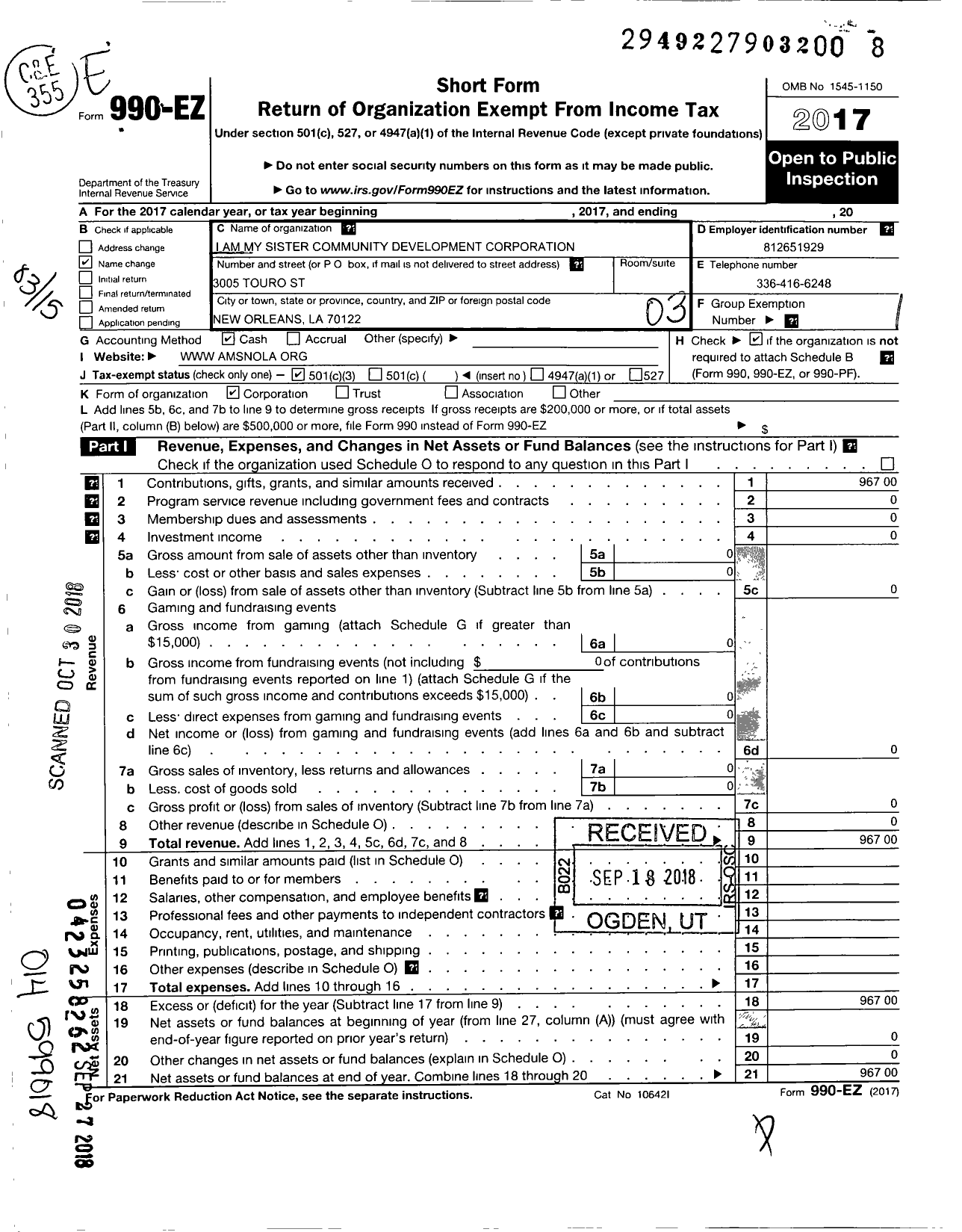 Image of first page of 2017 Form 990EZ for I Am My Sister Community Development Corporation