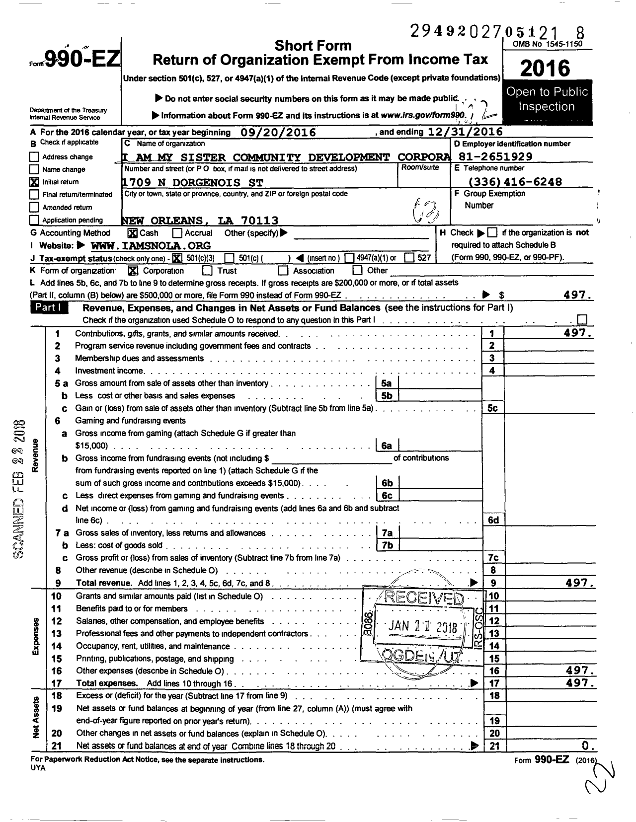 Image of first page of 2016 Form 990EZ for I Am My Sister Community Development Corporation