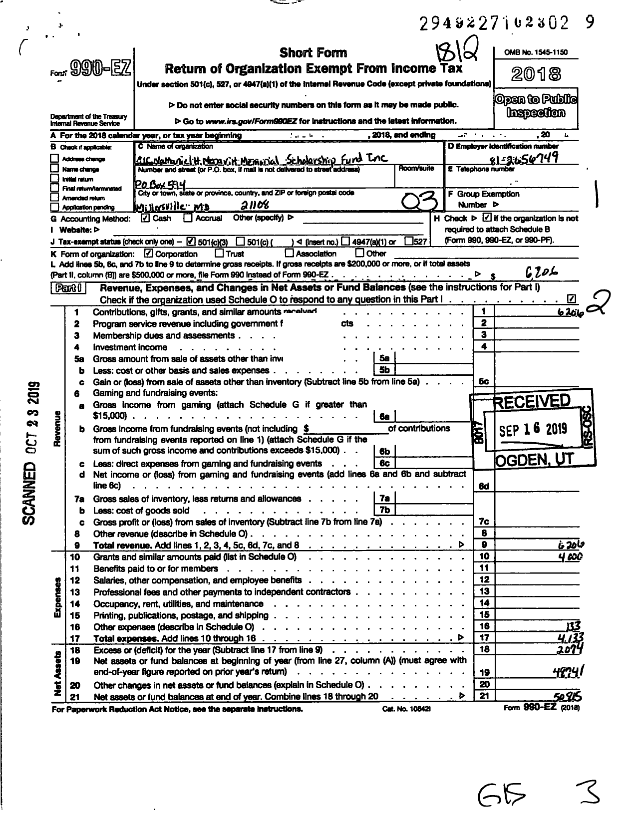 Image of first page of 2018 Form 990EZ for A1c Nathaniel H Mcdavitt Memorial Scholarship Fund