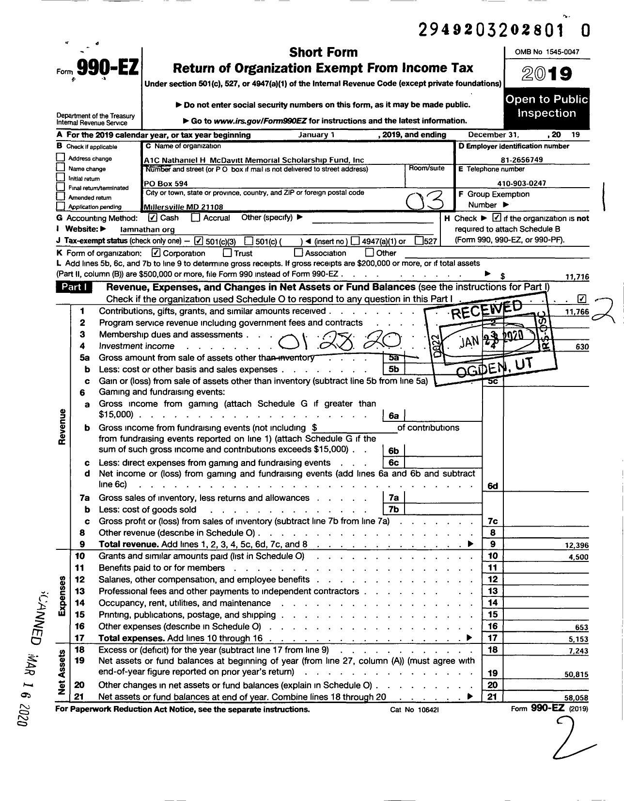 Image of first page of 2019 Form 990EZ for A1c Nathaniel H Mcdavitt Memorial Scholarship Fund