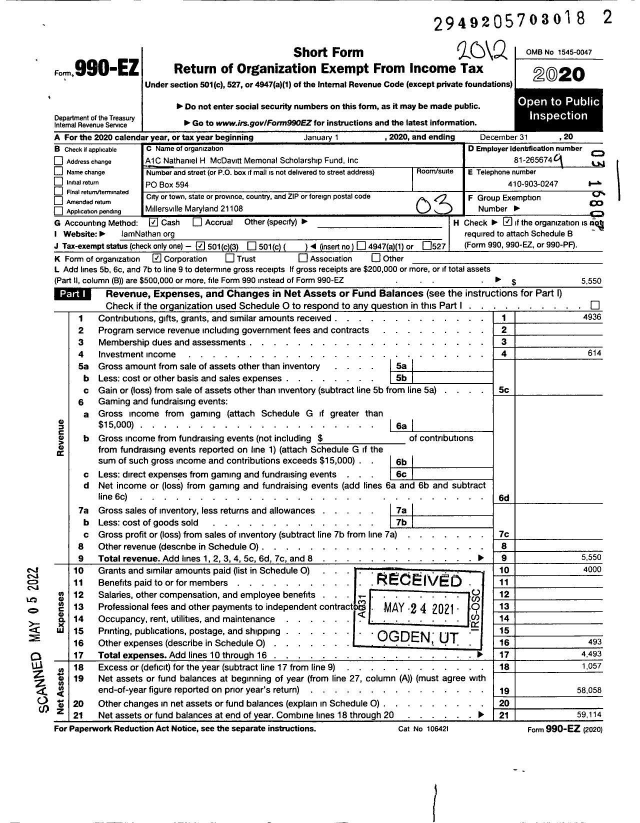 Image of first page of 2020 Form 990EZ for A1c Nathaniel H Mcdavitt Memorial Scholarship Fund