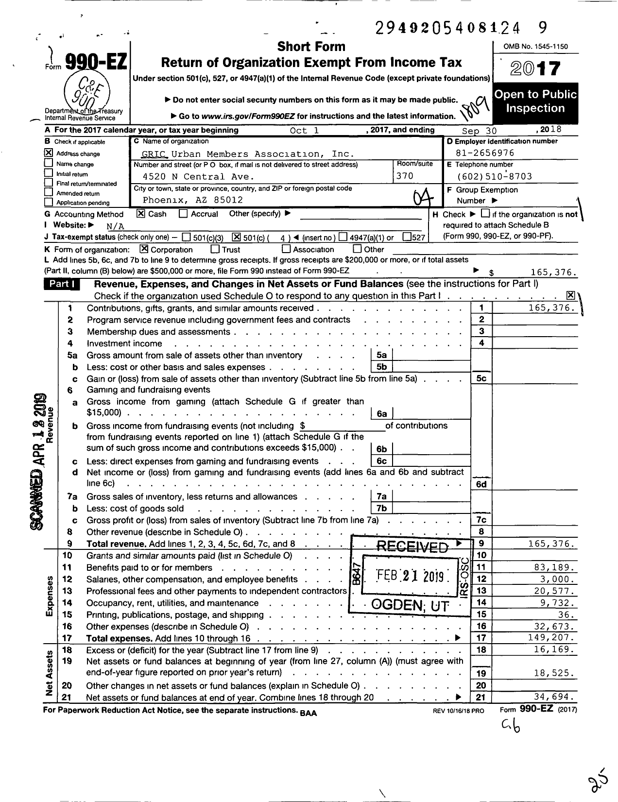 Image of first page of 2017 Form 990EO for GRIC Urban Members Association