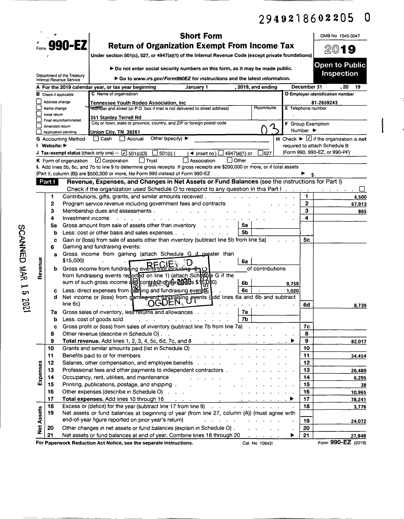 Image of first page of 2019 Form 990EZ for Tennessee Youth Rodeo Association