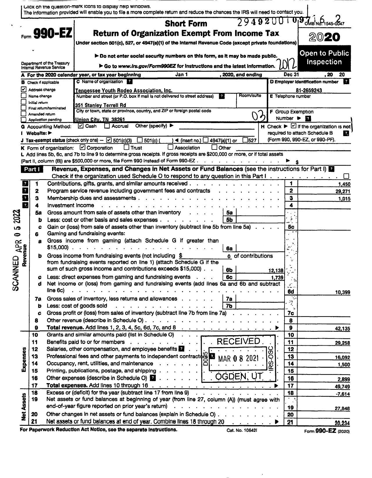 Image of first page of 2020 Form 990EZ for Tennessee Youth Rodeo Association