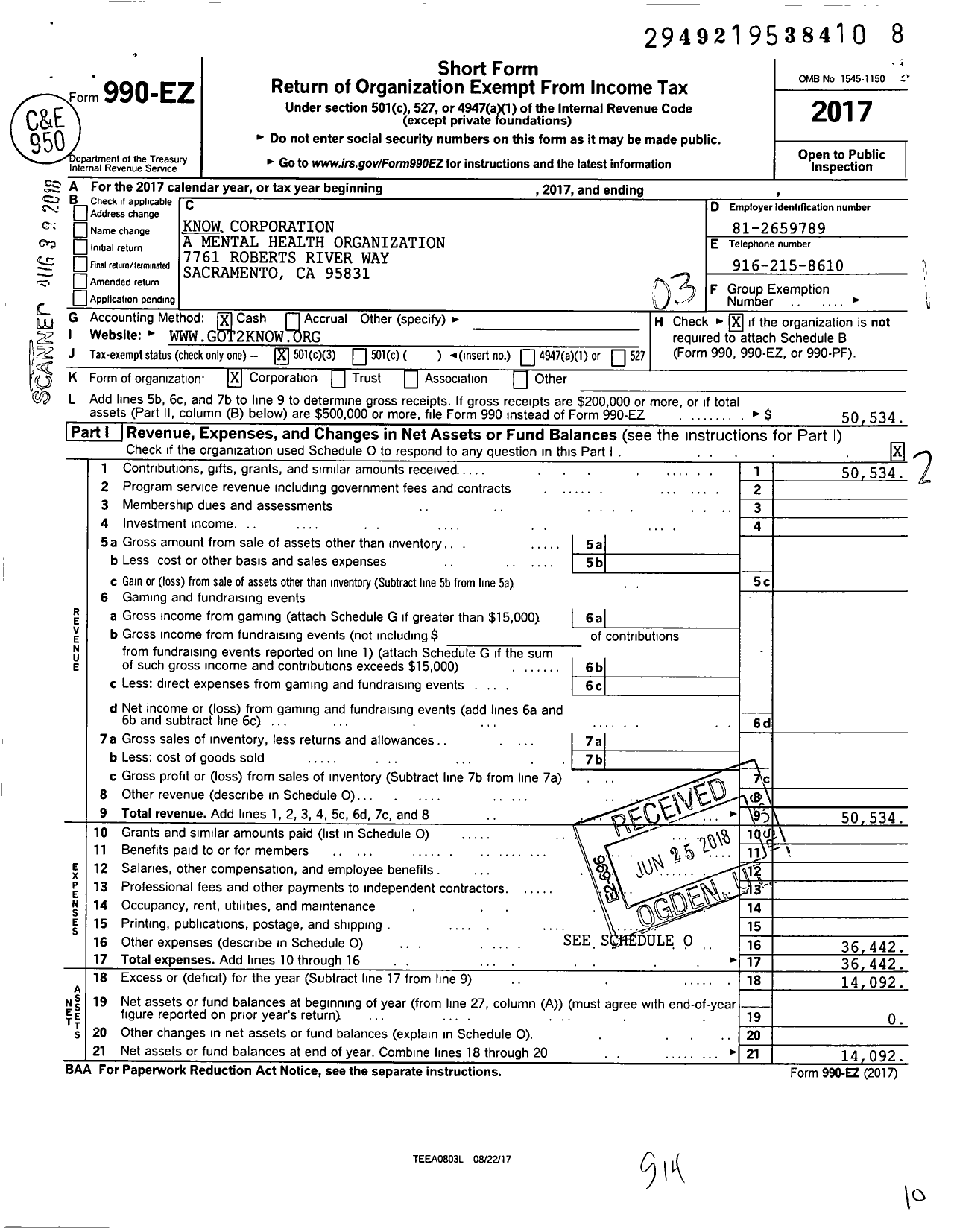 Image of first page of 2017 Form 990EZ for Know Corporation