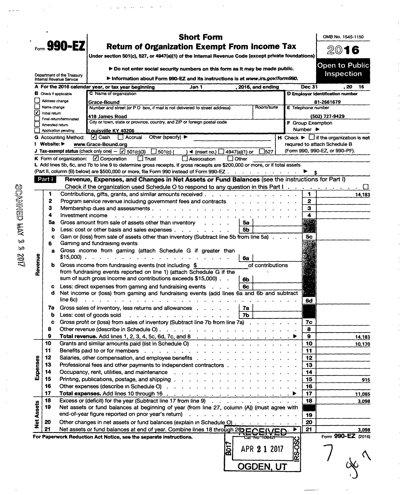 Image of first page of 2016 Form 990EZ for Grace-Bound