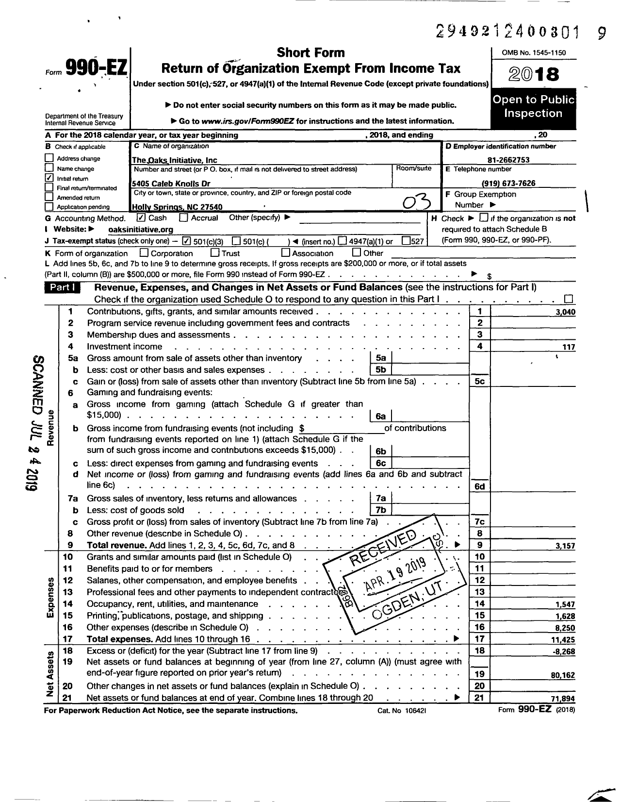 Image of first page of 2018 Form 990EZ for Oaks Initiative