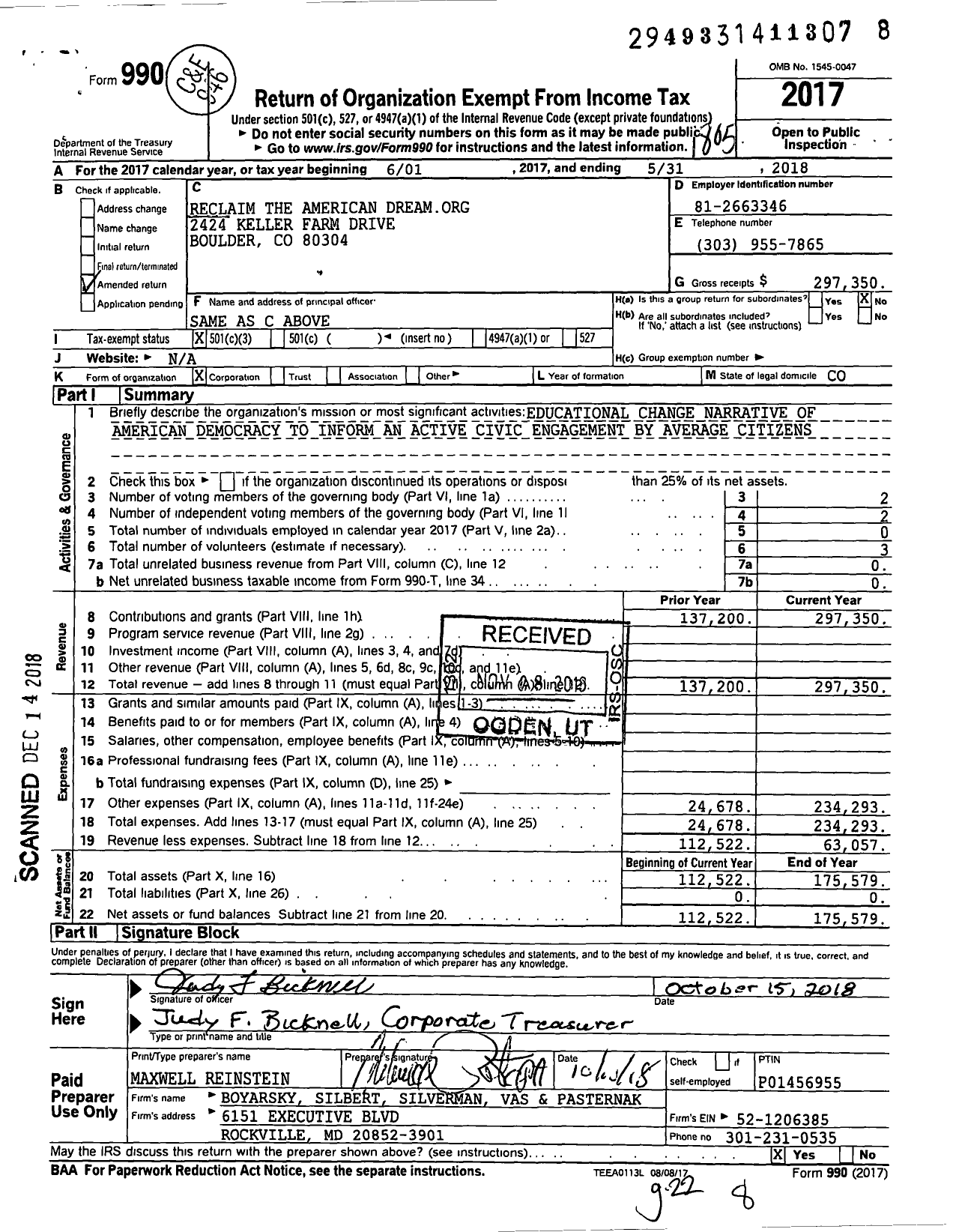 Image of first page of 2017 Form 990 for Reclaim the American Dream Org