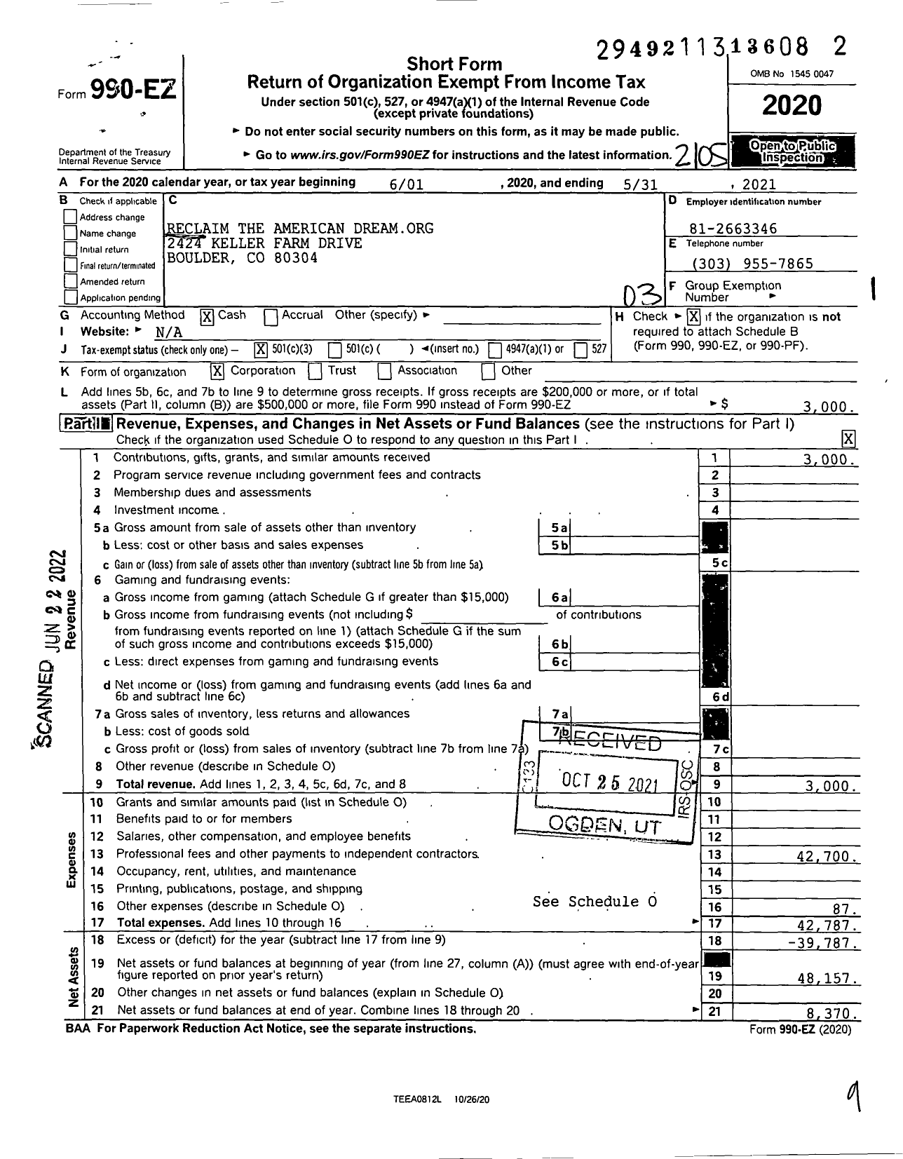 Image of first page of 2020 Form 990EZ for Reclaim the American Dream Org