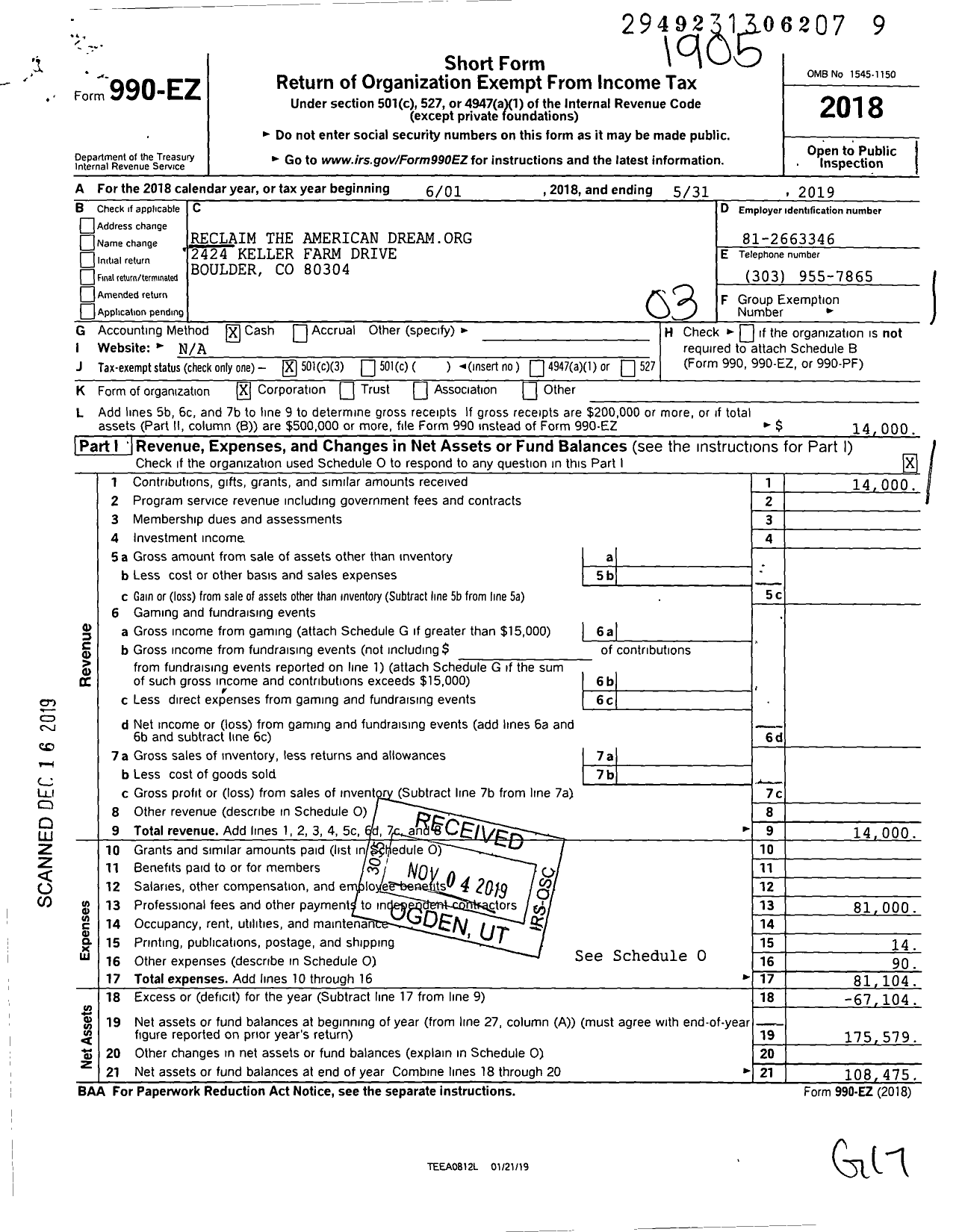 Image of first page of 2018 Form 990EZ for Reclaim the American Dream Org