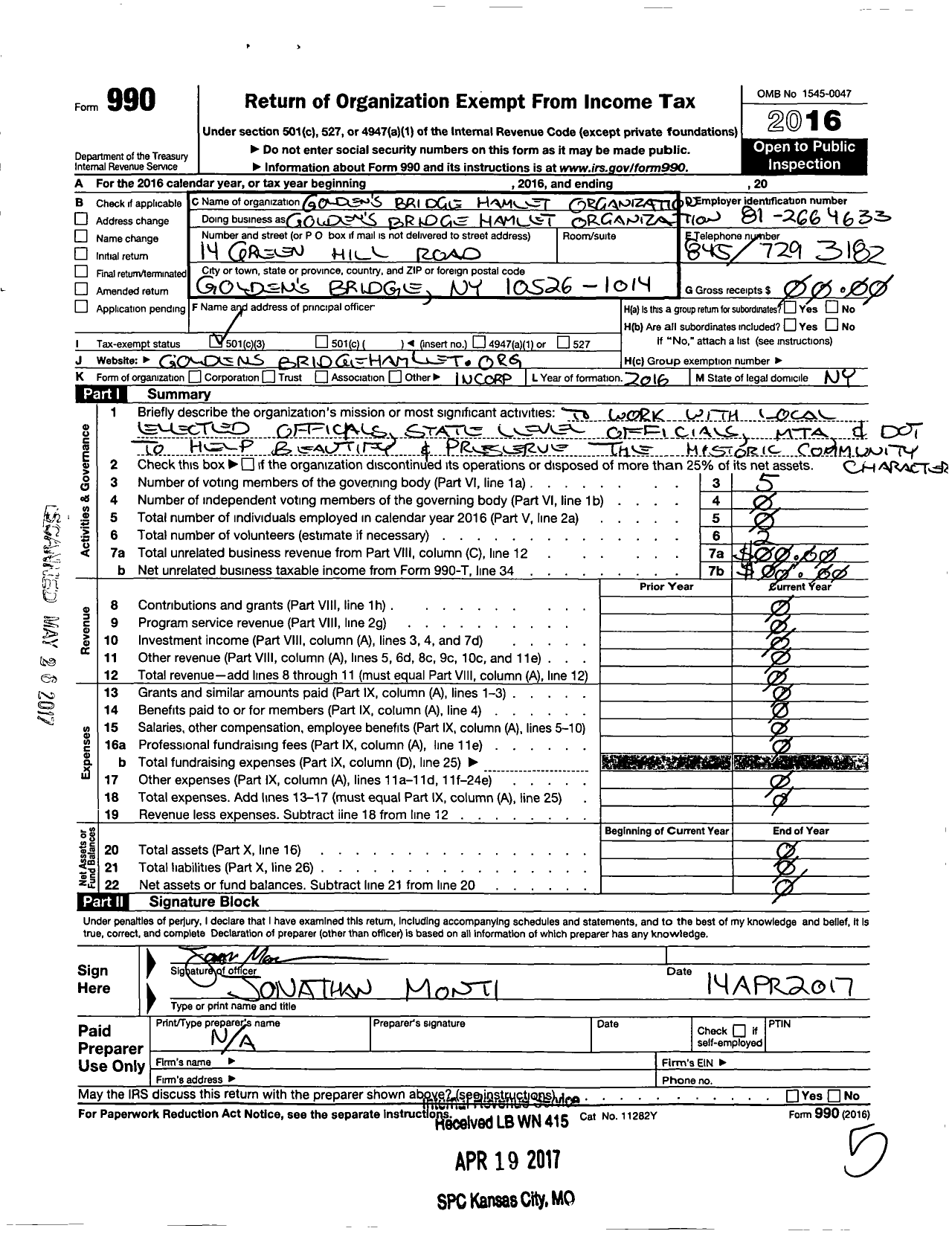 Image of first page of 2016 Form 990 for Goldens Bridge Hamlet Organization