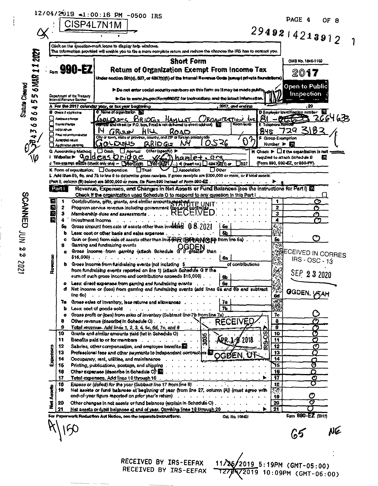 Image of first page of 2017 Form 990EZ for Goldens Bridge Hamlet Organization