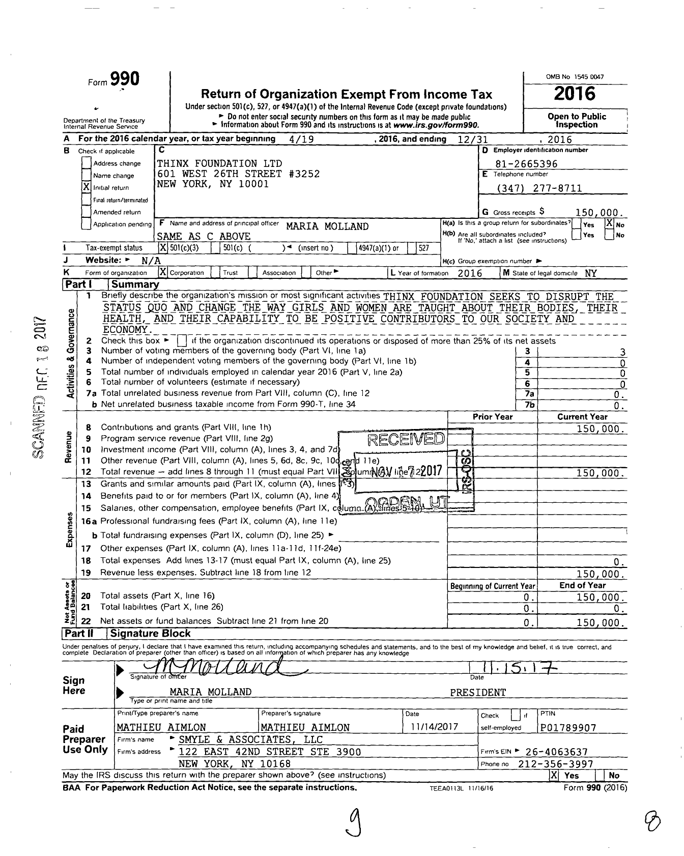 Image of first page of 2016 Form 990 for Thinx Foundation