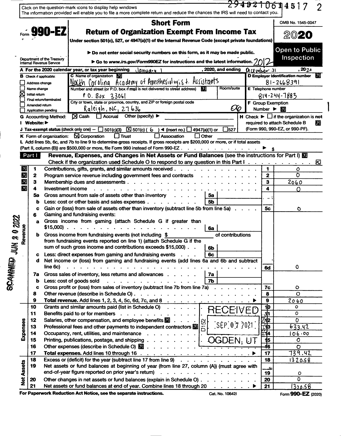 Image of first page of 2020 Form 990EO for North Carolina Academy of Anesthesiologist Assistants