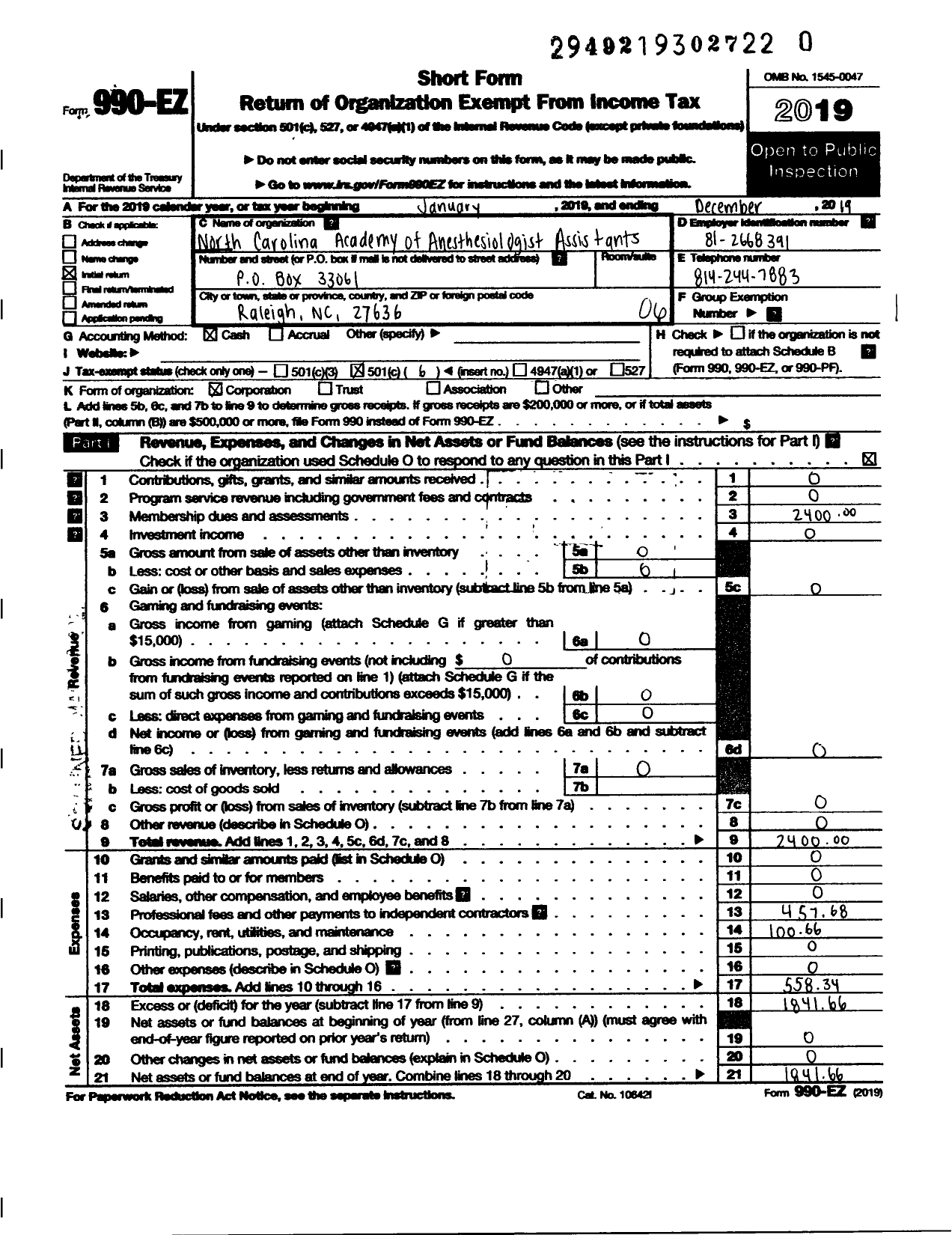 Image of first page of 2019 Form 990EO for North Carolina Academy of Anesthesiologist Assistants