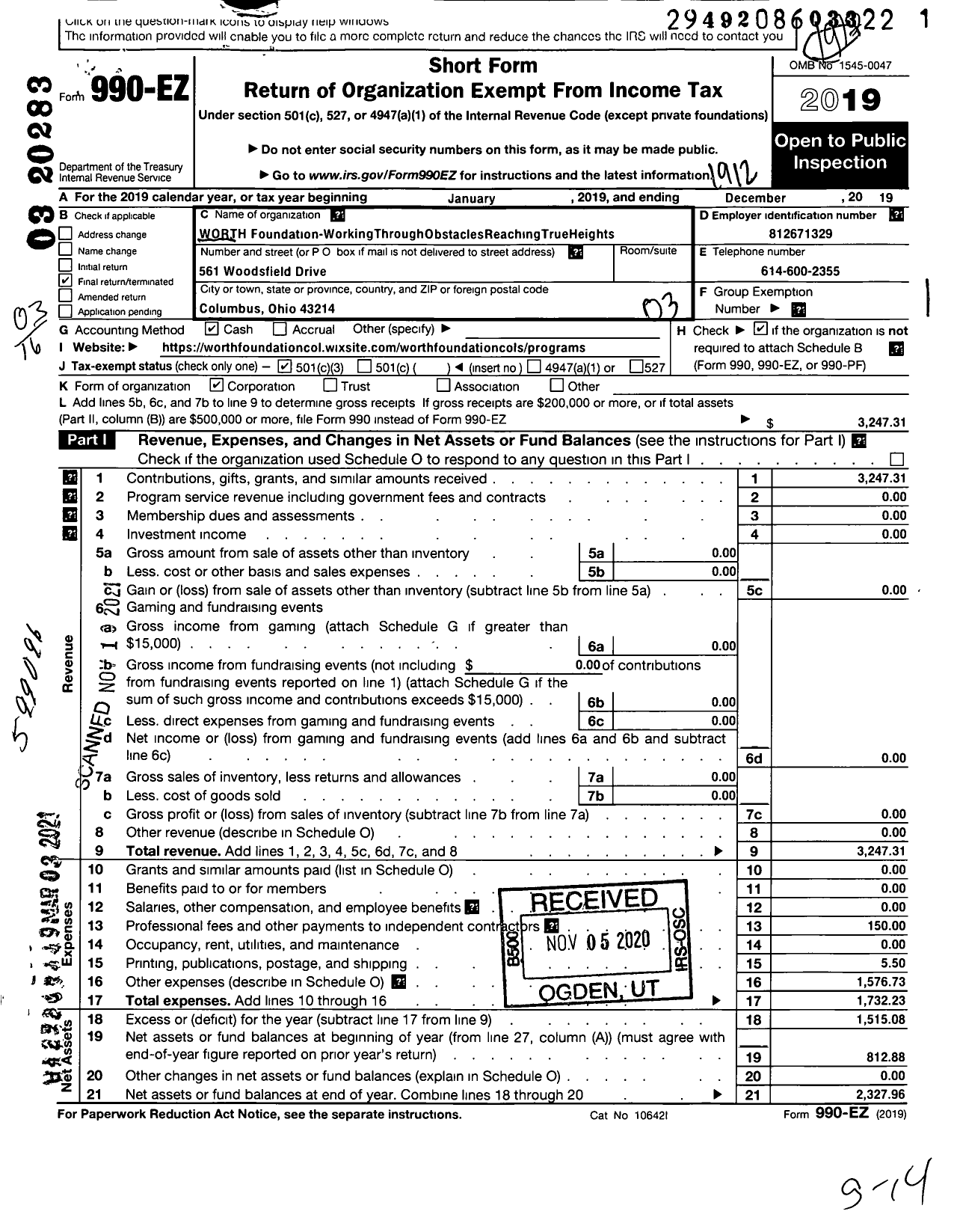 Image of first page of 2019 Form 990EZ for Worth Foundation-Workingthrough Foundation-Workingthroughobstaclesreachingtrueheightsfo