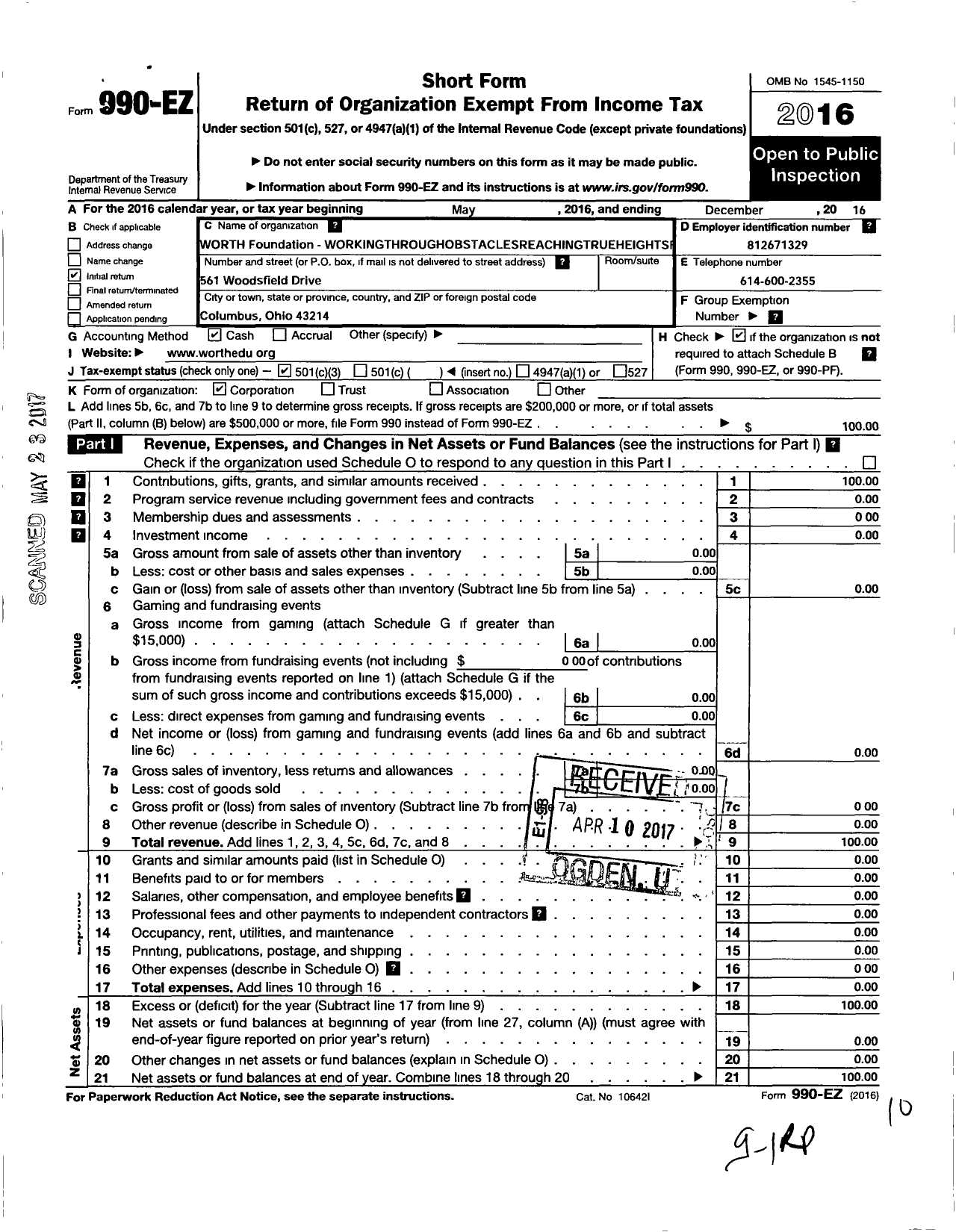 Image of first page of 2016 Form 990EZ for Worth Foundation-Workingthrough Foundation-Workingthroughobstaclesreachingtrueheightsfo