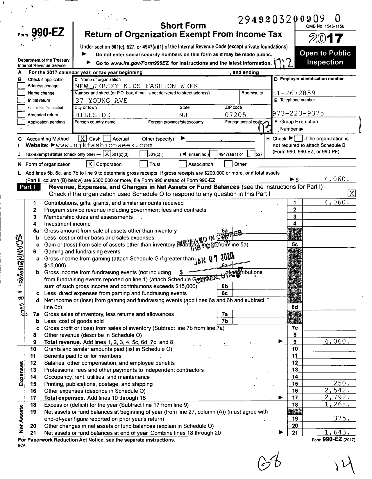 Image of first page of 2017 Form 990EZ for New Jersey Kids Fashion Week