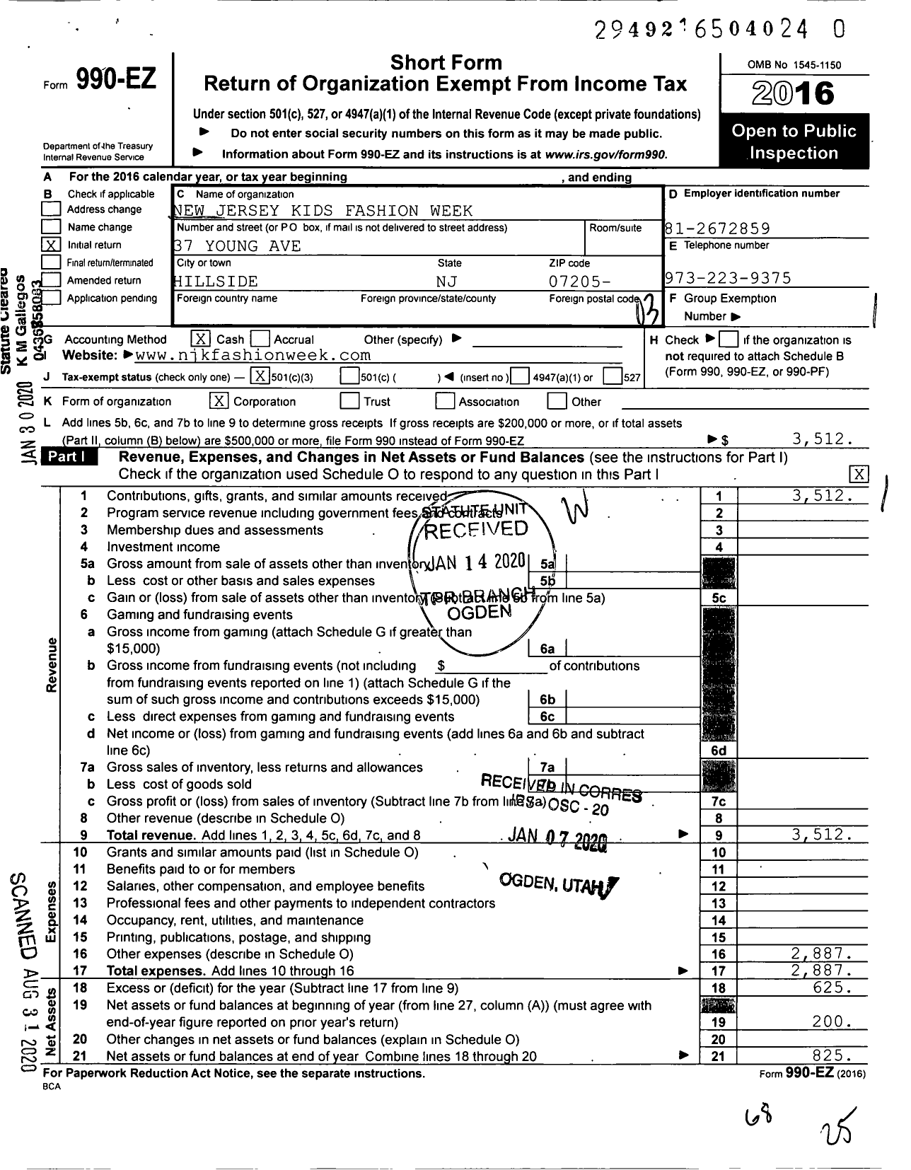 Image of first page of 2016 Form 990EZ for New Jersey Kids Fashion Week