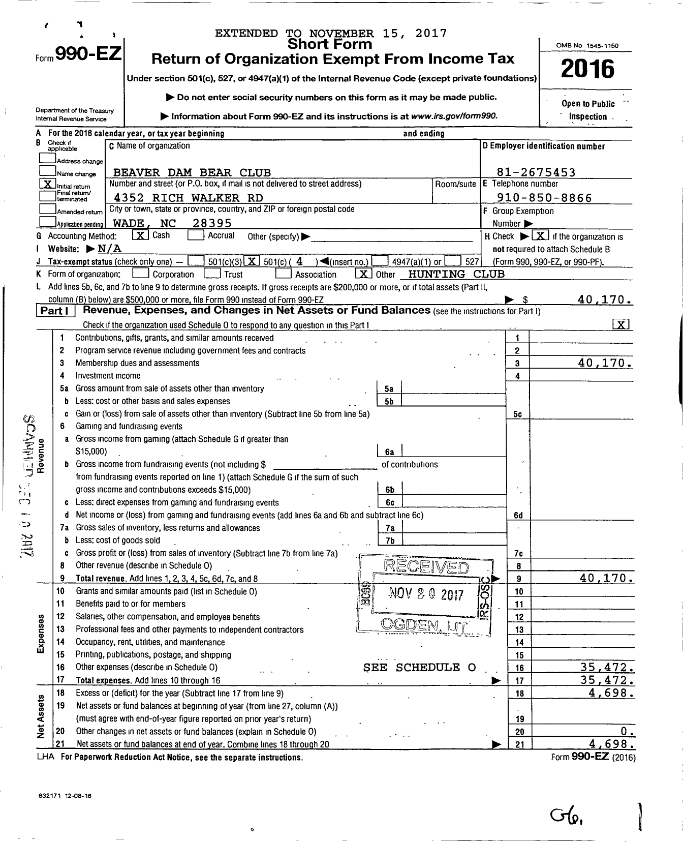 Image of first page of 2016 Form 990EO for Beaver Dam Bear Club