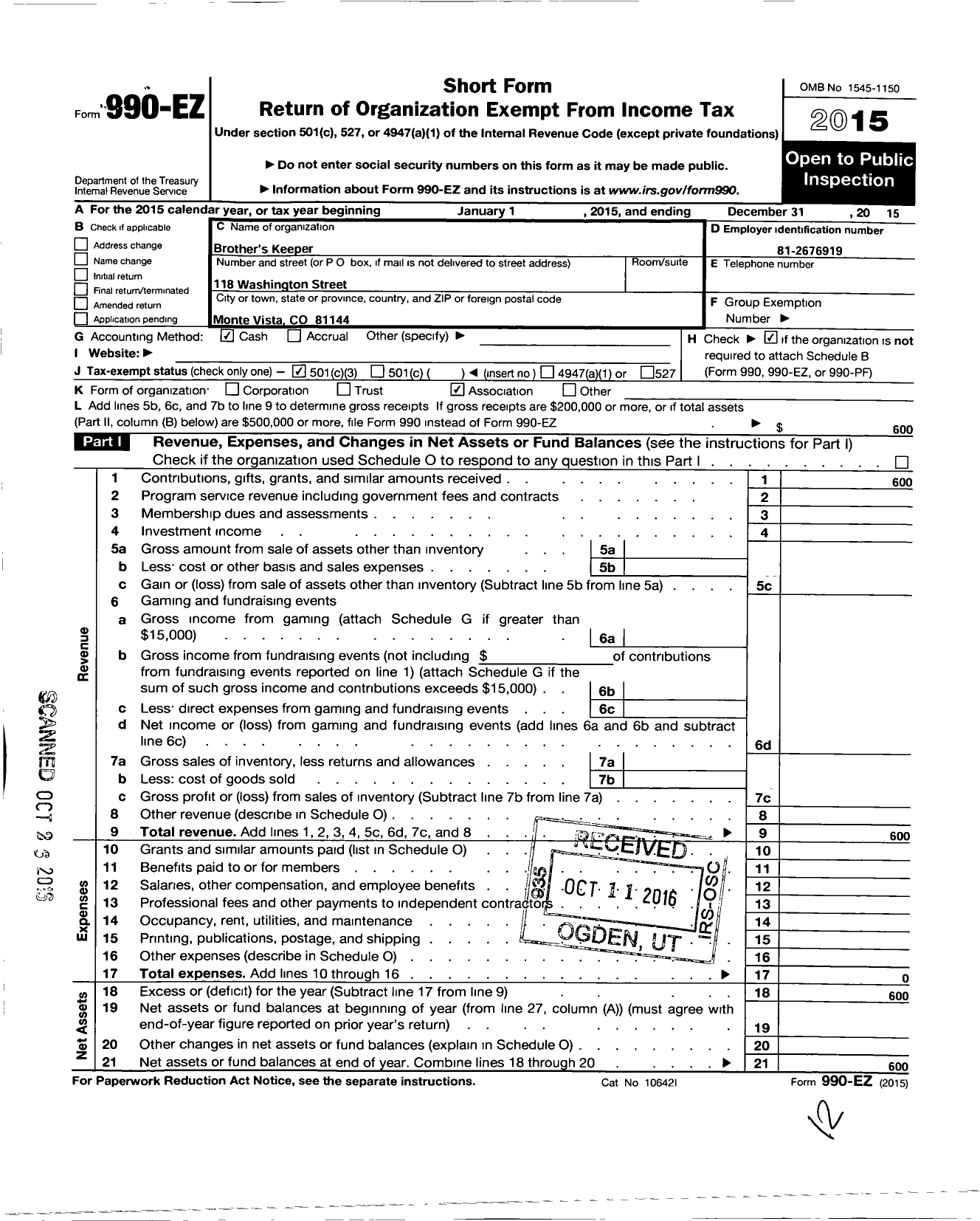 Image of first page of 2015 Form 990EZ for Brotherss Keeper Chapter 19