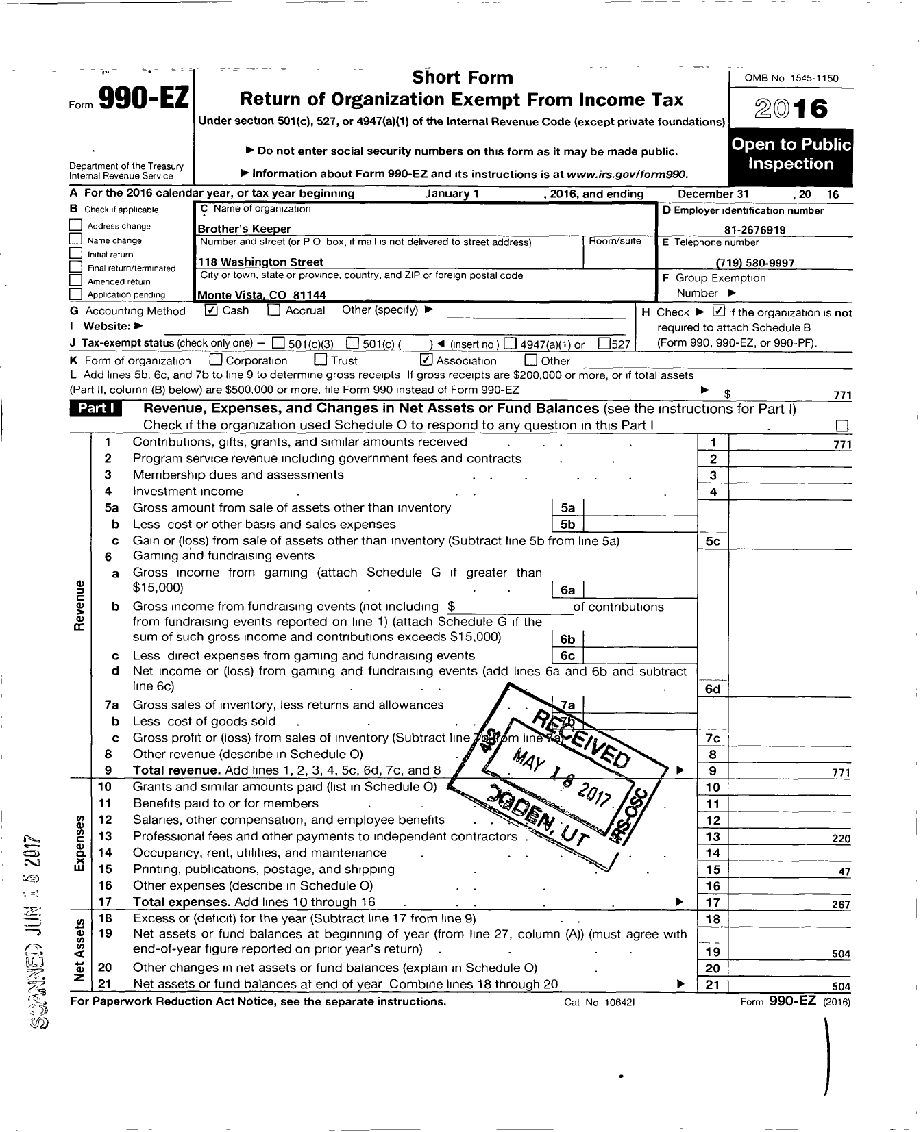 Image of first page of 2016 Form 990EO for Brotherss Keeper Chapter 19