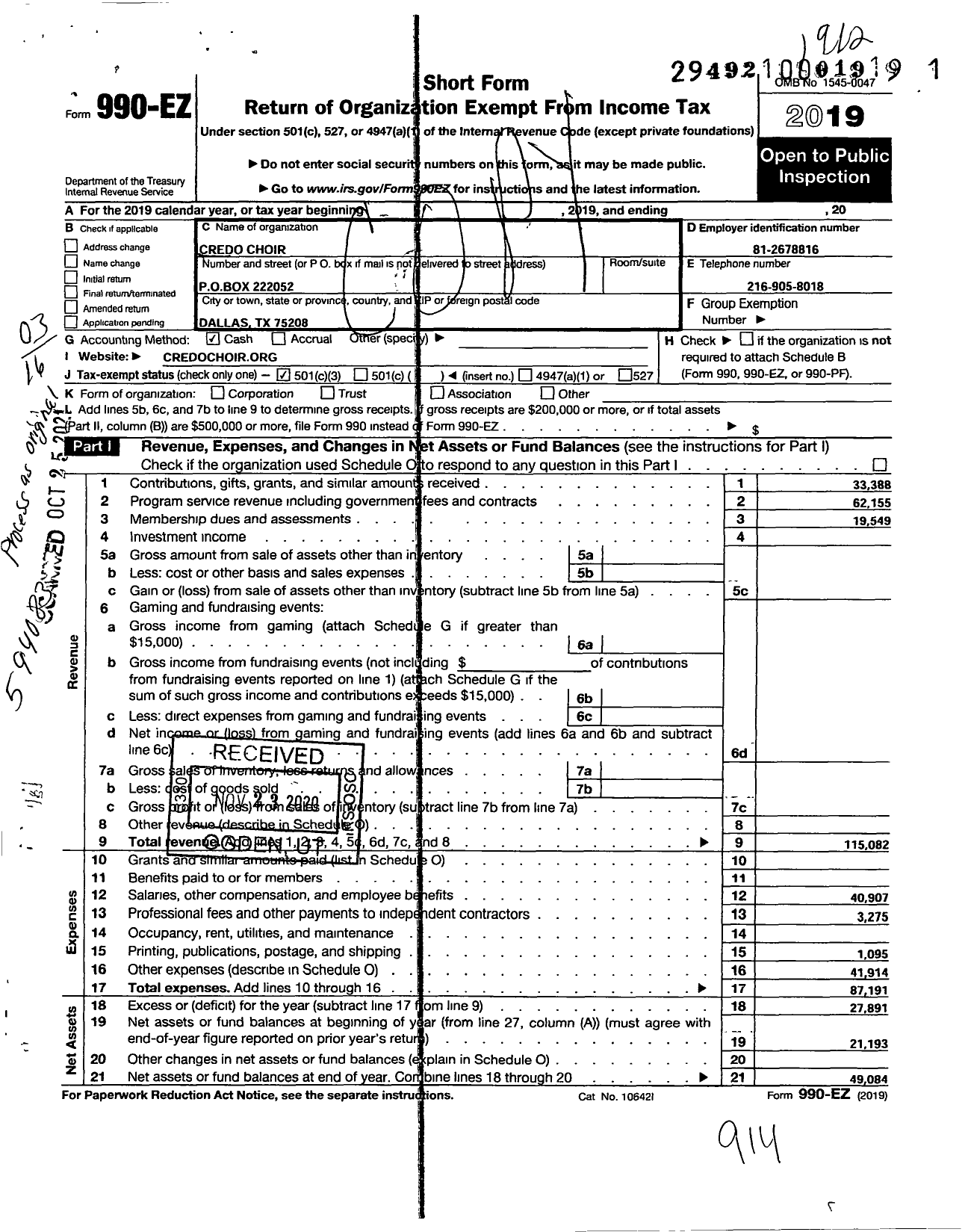 Image of first page of 2019 Form 990EZ for Credo Choir