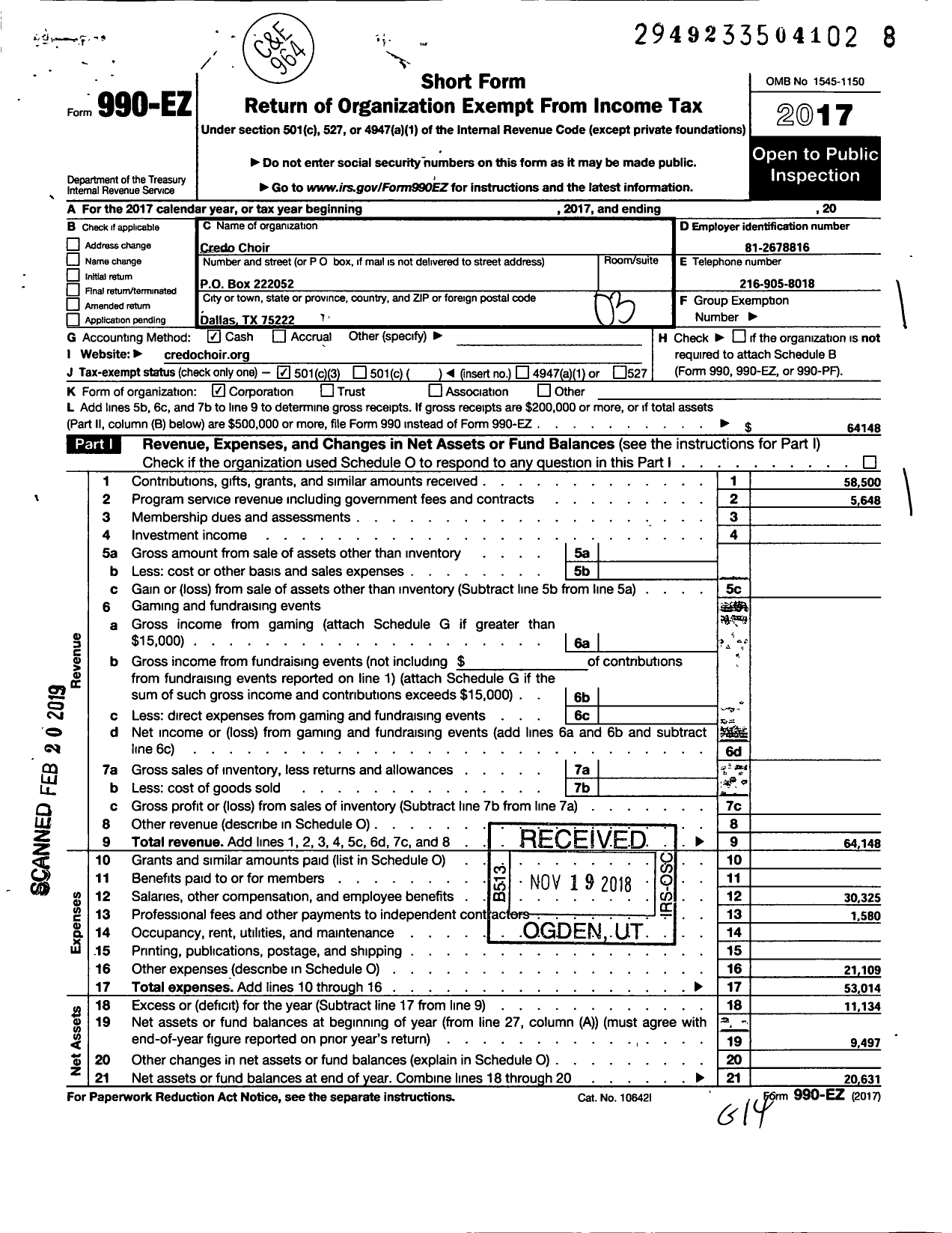 Image of first page of 2017 Form 990EZ for Credo Choir