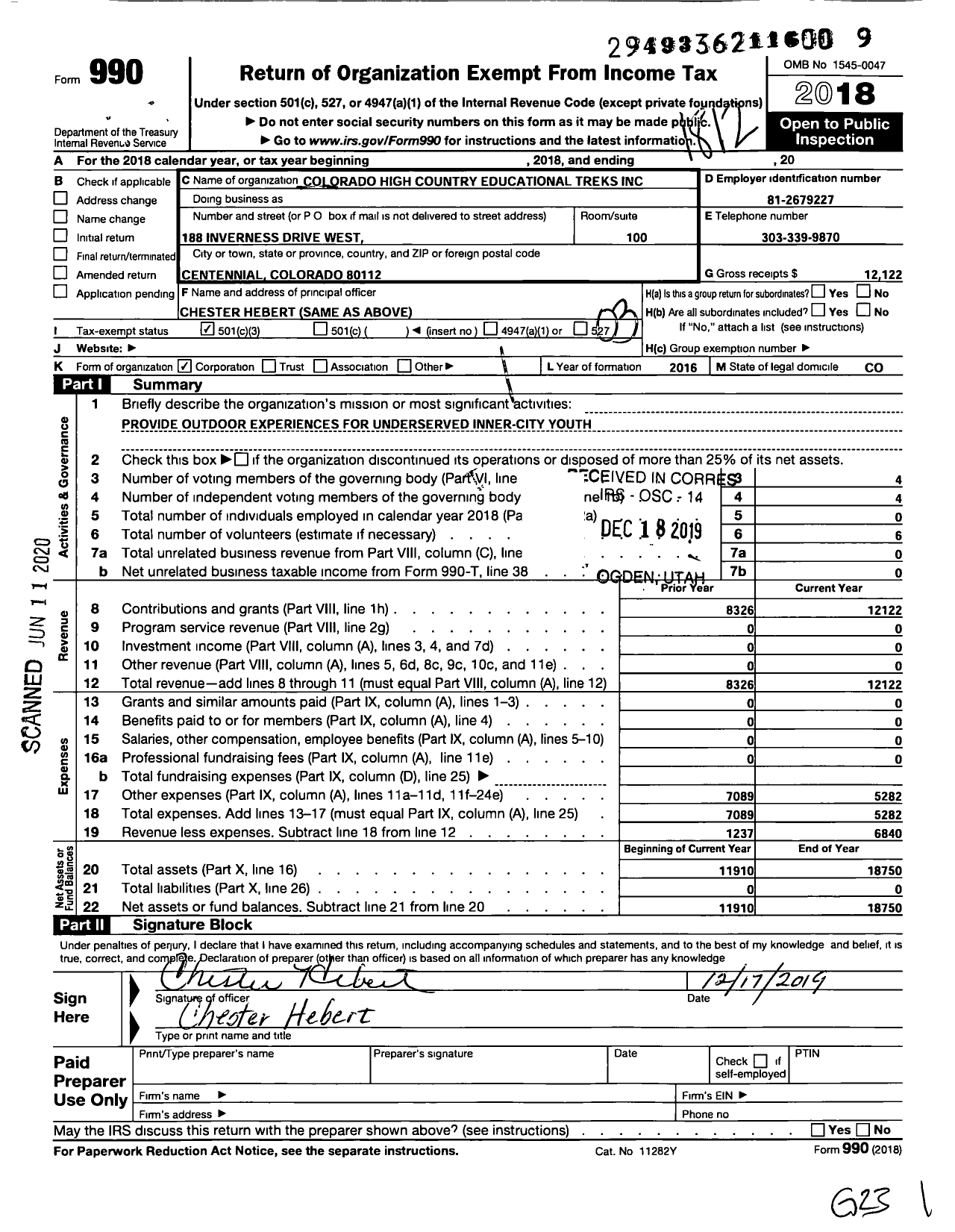 Image of first page of 2018 Form 990 for Colorado High-Country Educational Treks