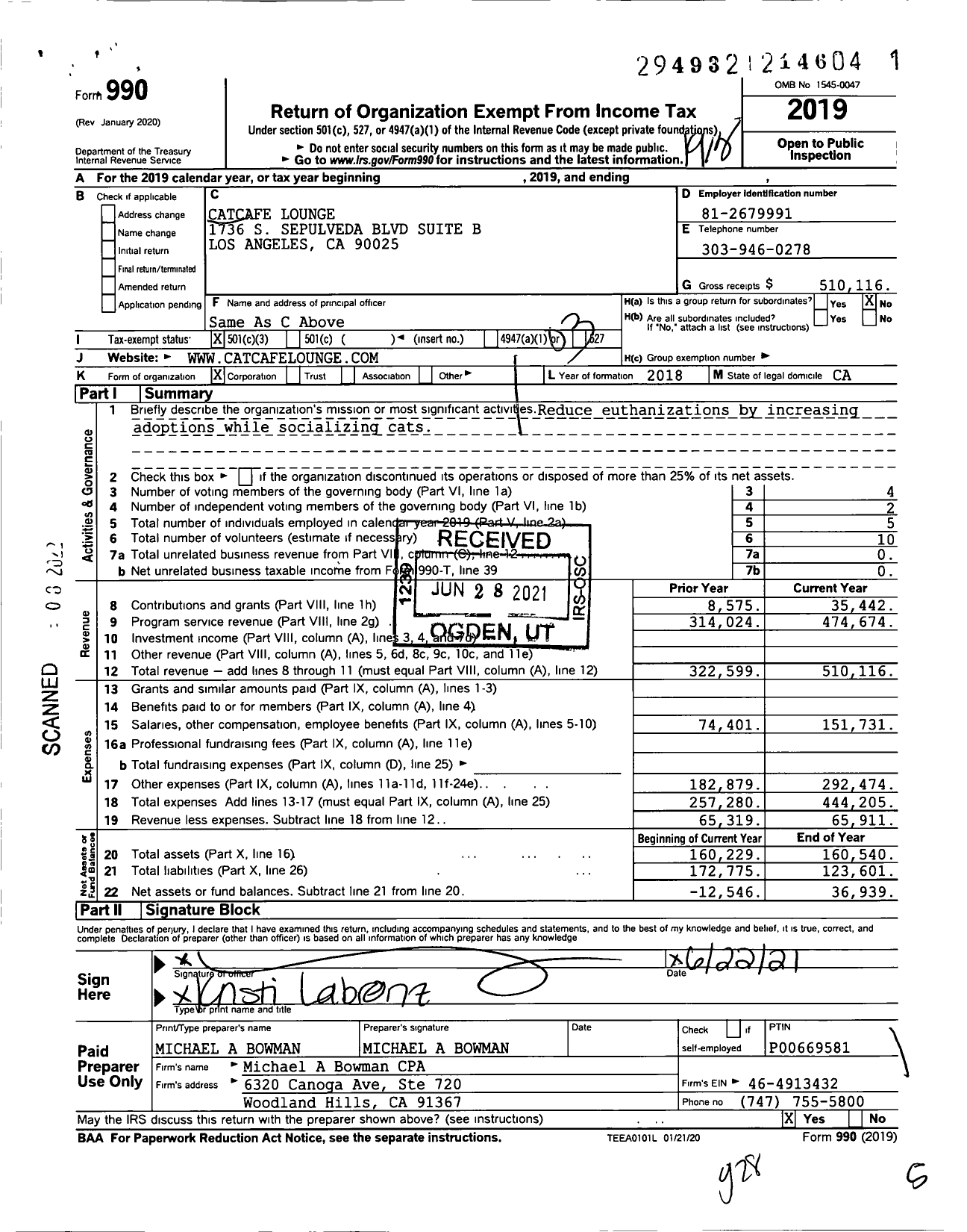 Image of first page of 2019 Form 990 for Catcafe Lounge