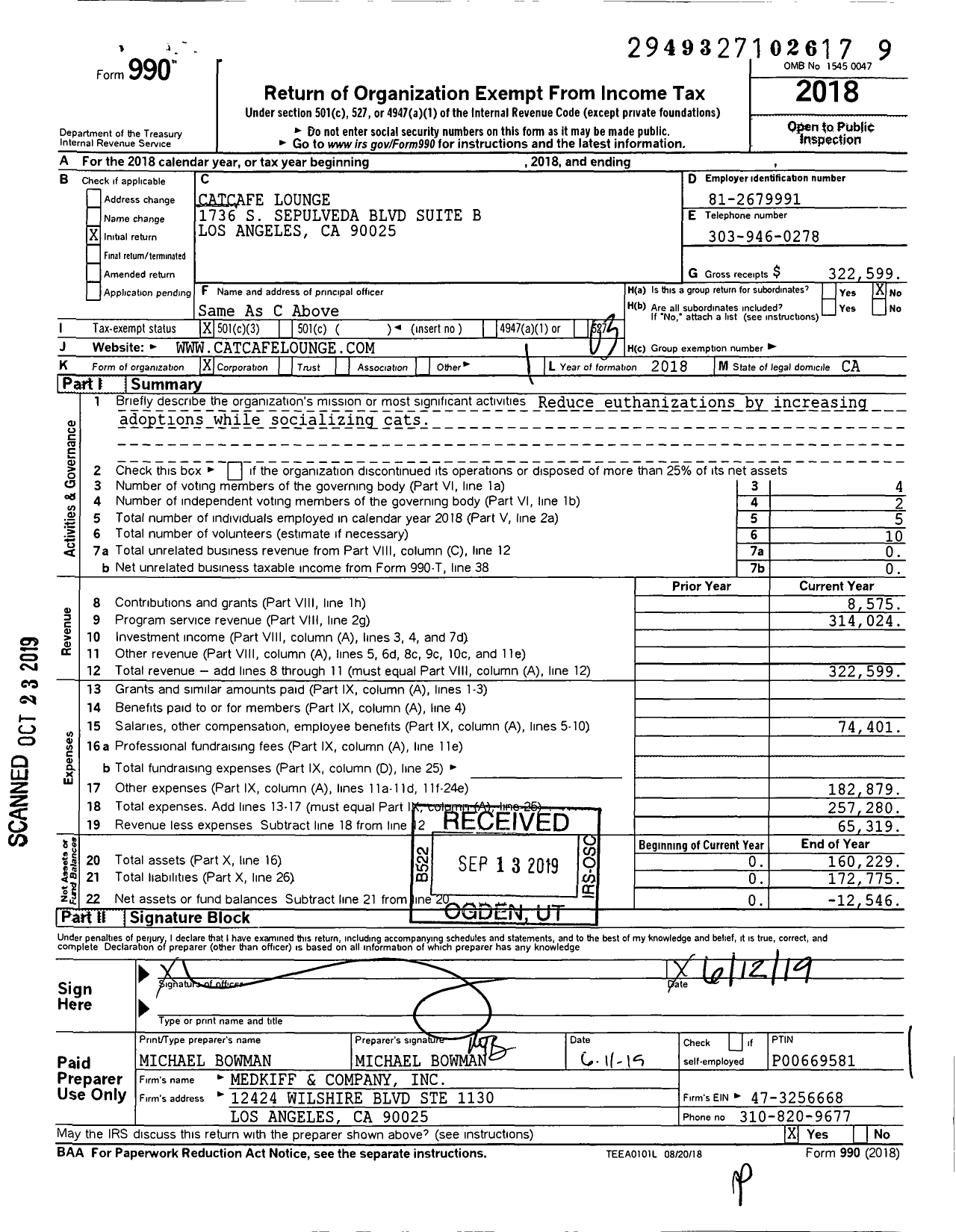 Image of first page of 2018 Form 990 for Catcafe Lounge