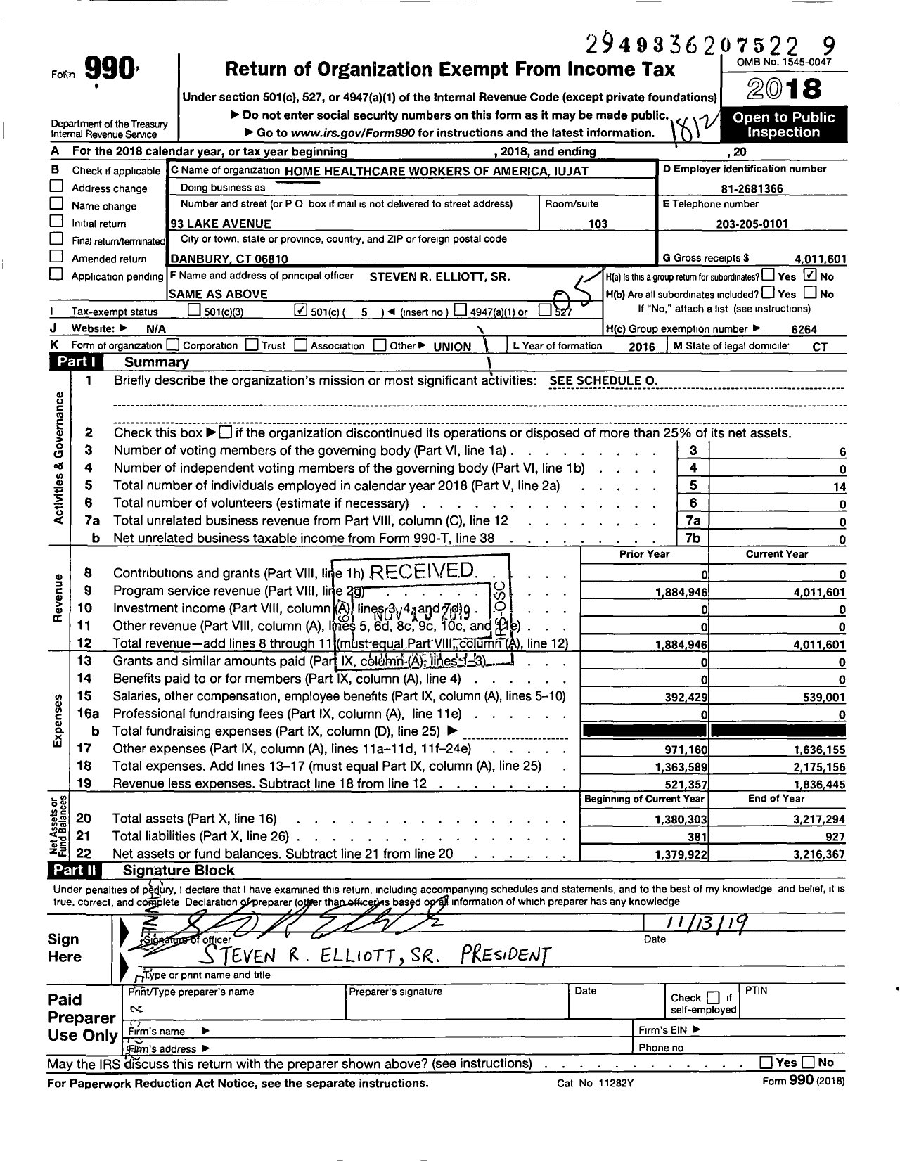 Image of first page of 2018 Form 990O for Home Healthcare Workers of America Iujat