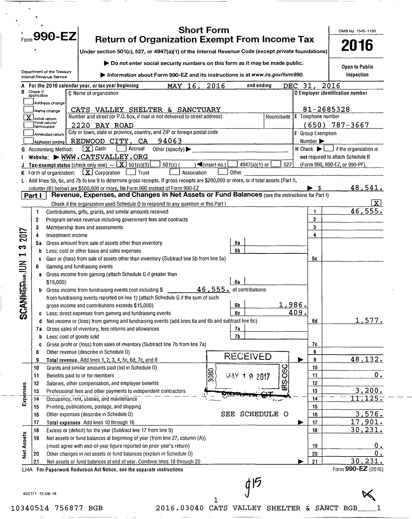 Image of first page of 2016 Form 990EZ for Cats Valley Shelter and Sanctuary