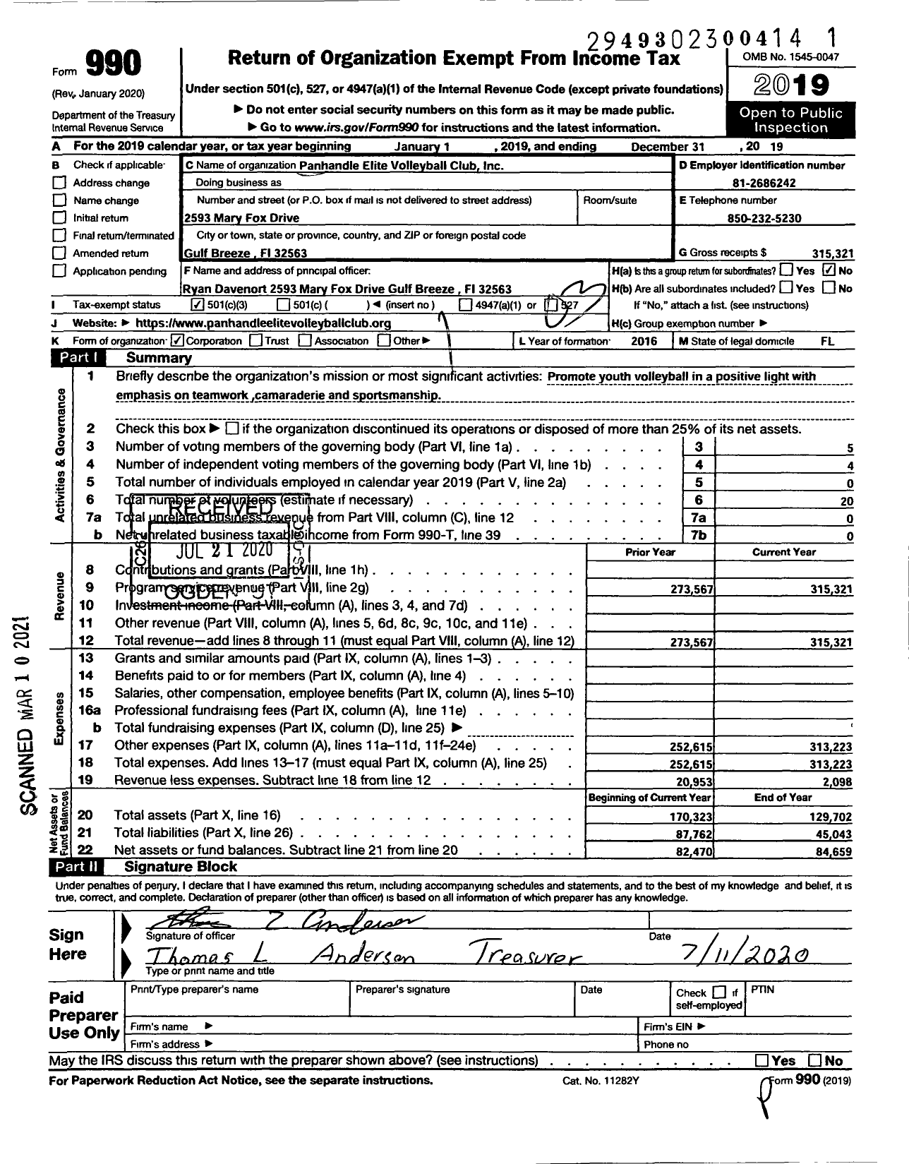 Image of first page of 2019 Form 990 for Panhandle Elite Volleyball Club