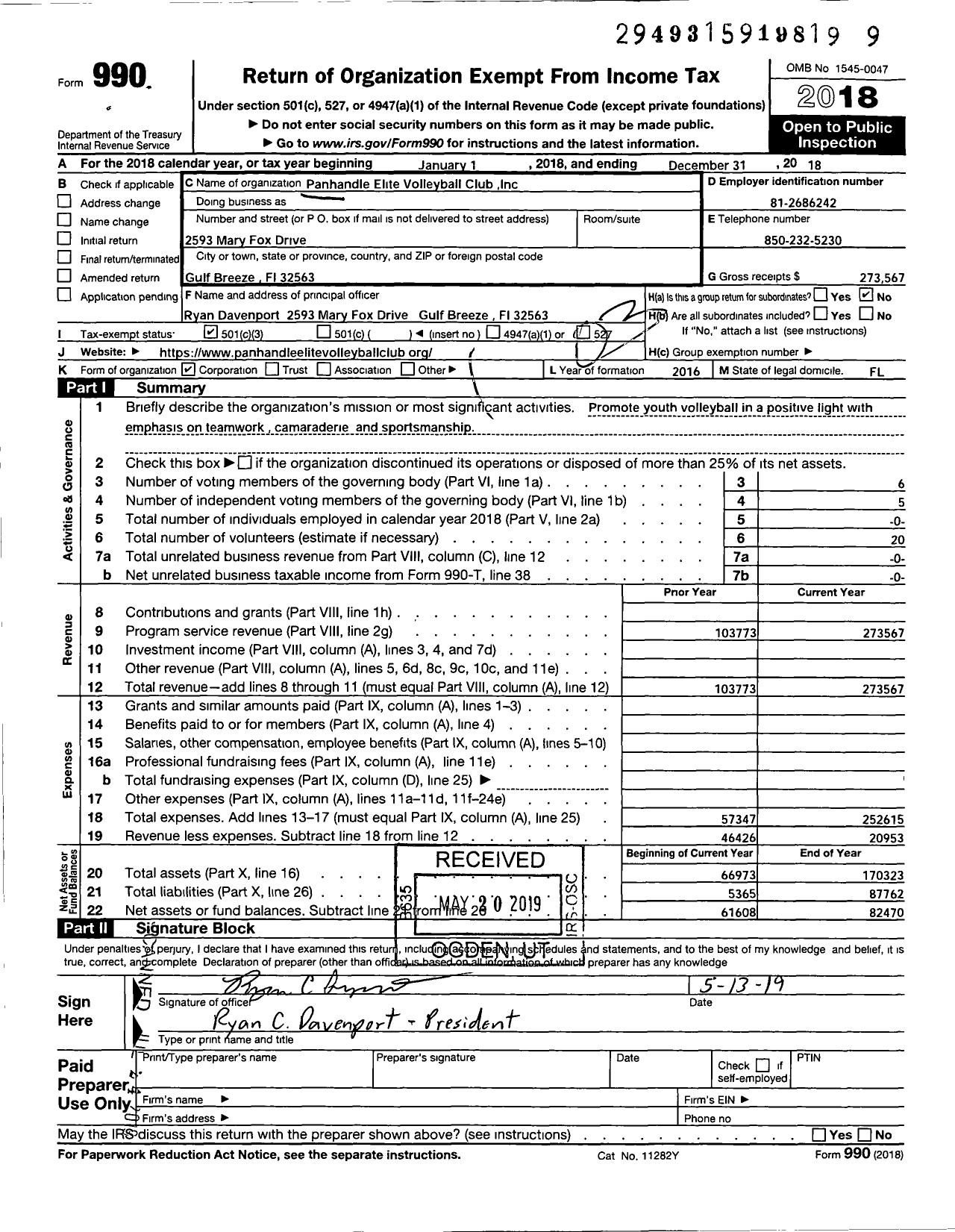 Image of first page of 2018 Form 990 for Panhandle Elite Volleyball Club