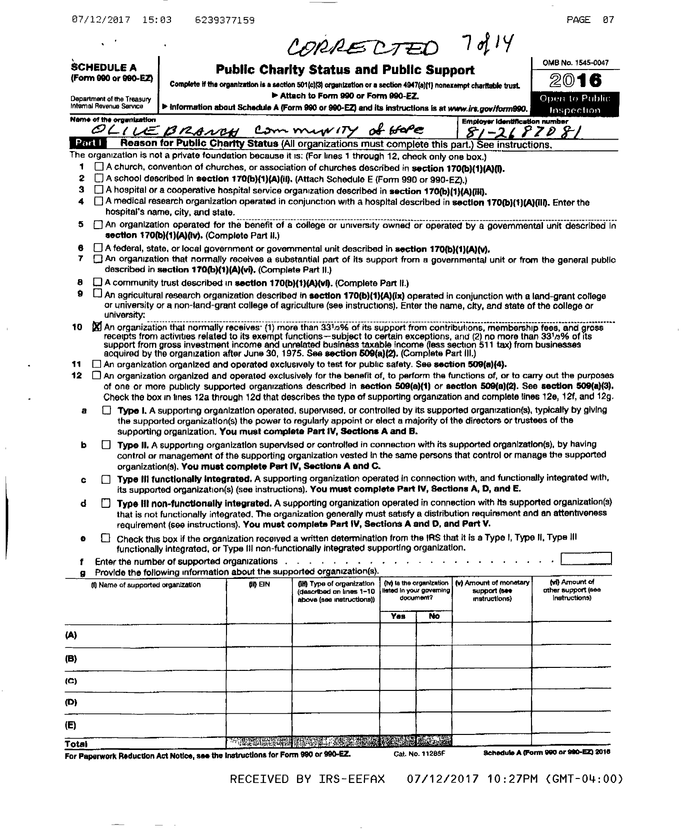 Image of first page of 2016 Form 990ER for Olive Branch Community of Hope