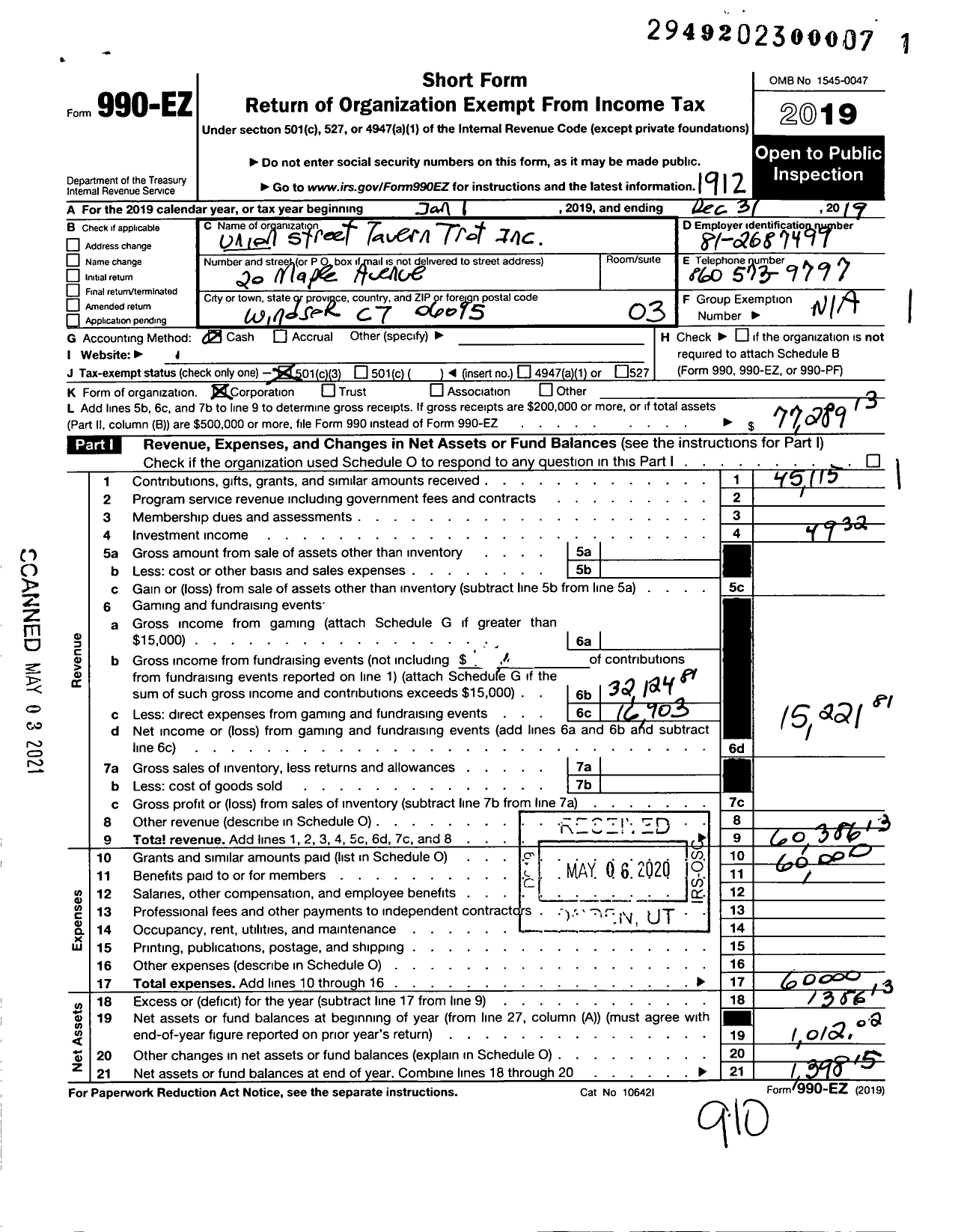 Image of first page of 2019 Form 990EZ for Union Street Tavern Trot