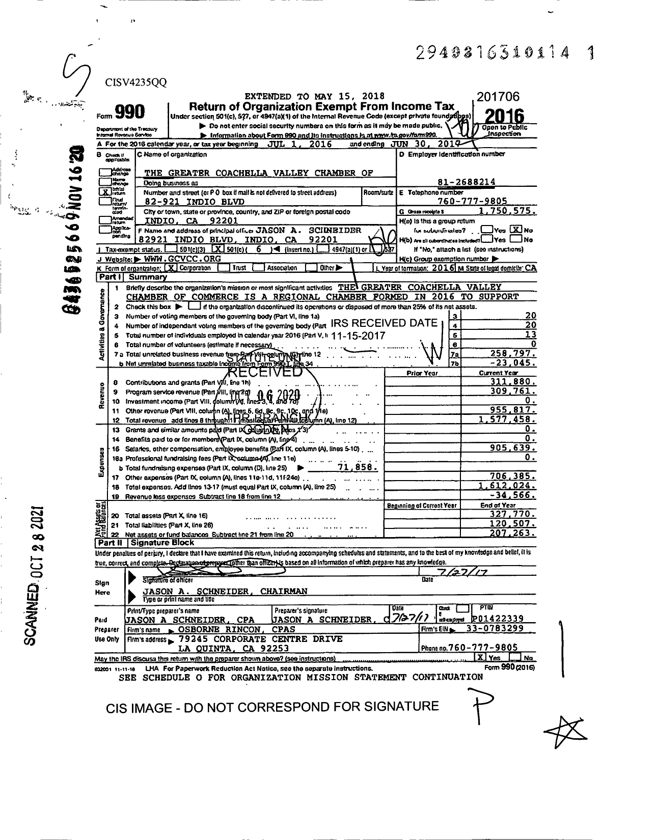 Image of first page of 2016 Form 990O for The Greater Coachella Valley Chamber Of Commerce
