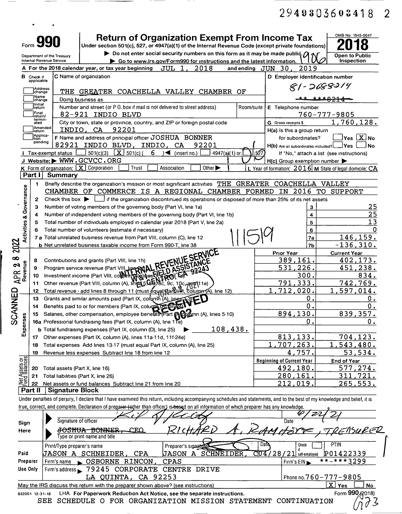 Image of first page of 2018 Form 990O for The Greater Coachella Valley Chamber Of Commerce