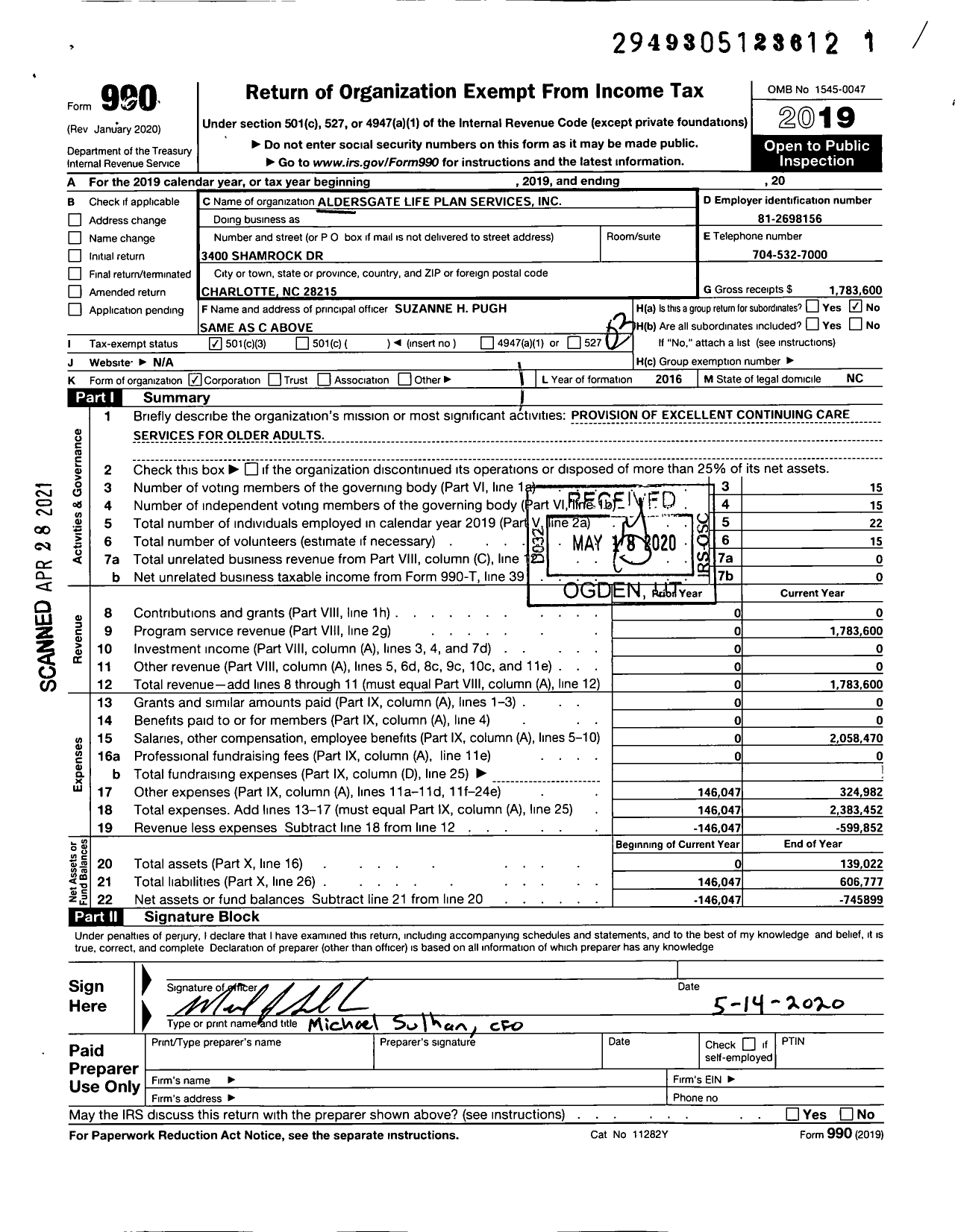 Image of first page of 2019 Form 990 for Aldersgate Life Plan Services