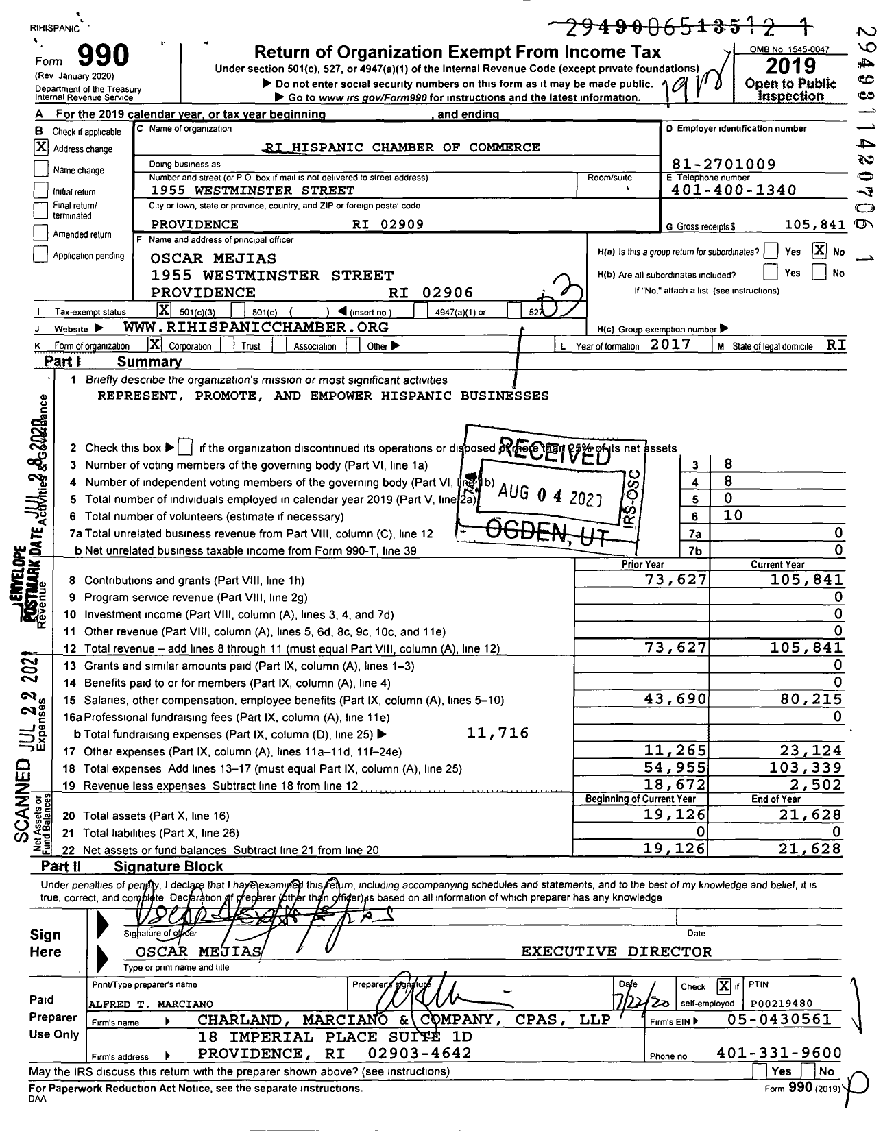 Image of first page of 2019 Form 990 for Rhode Island Hispanic Chamber of Commerce