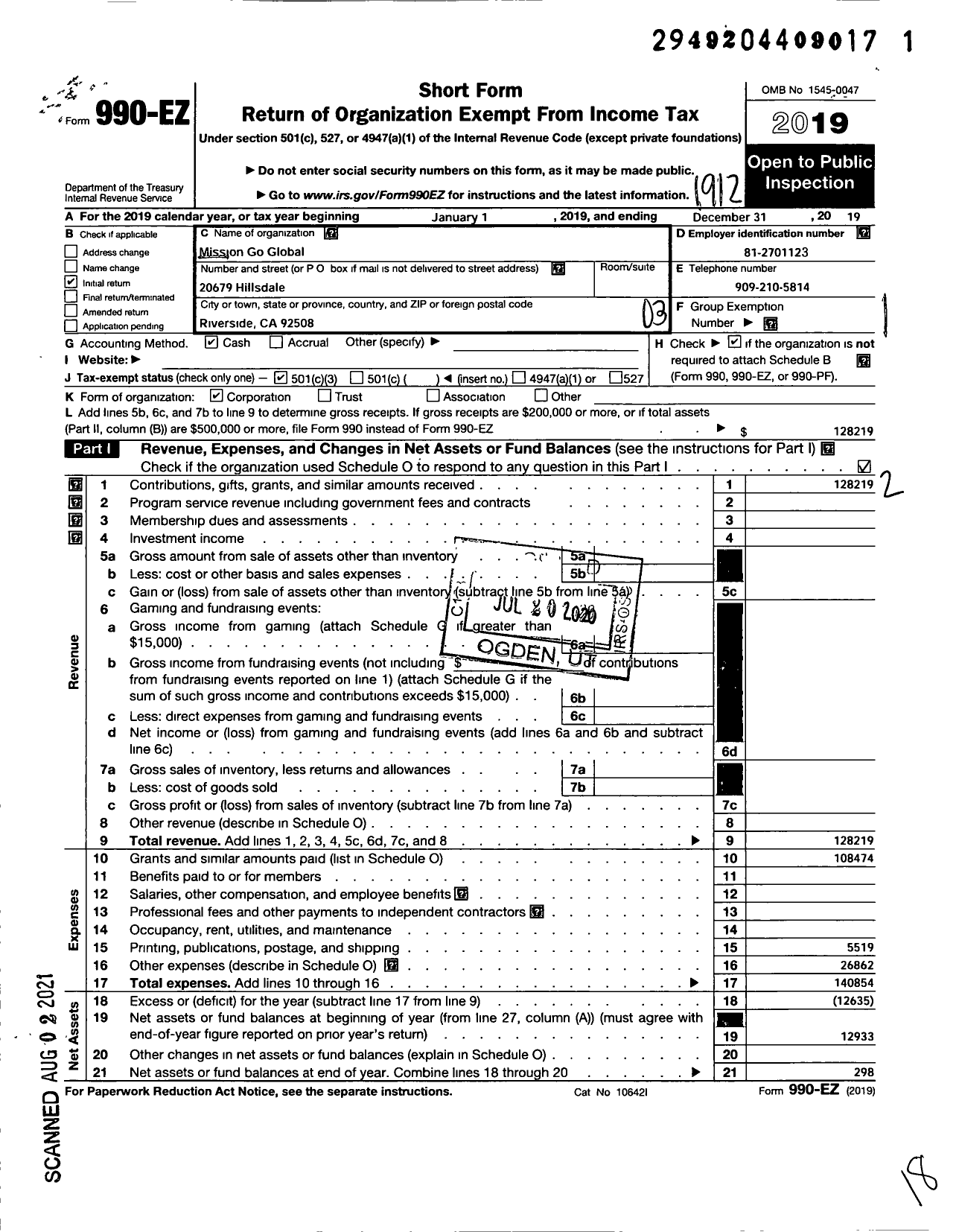 Image of first page of 2019 Form 990EZ for Mission Go Global