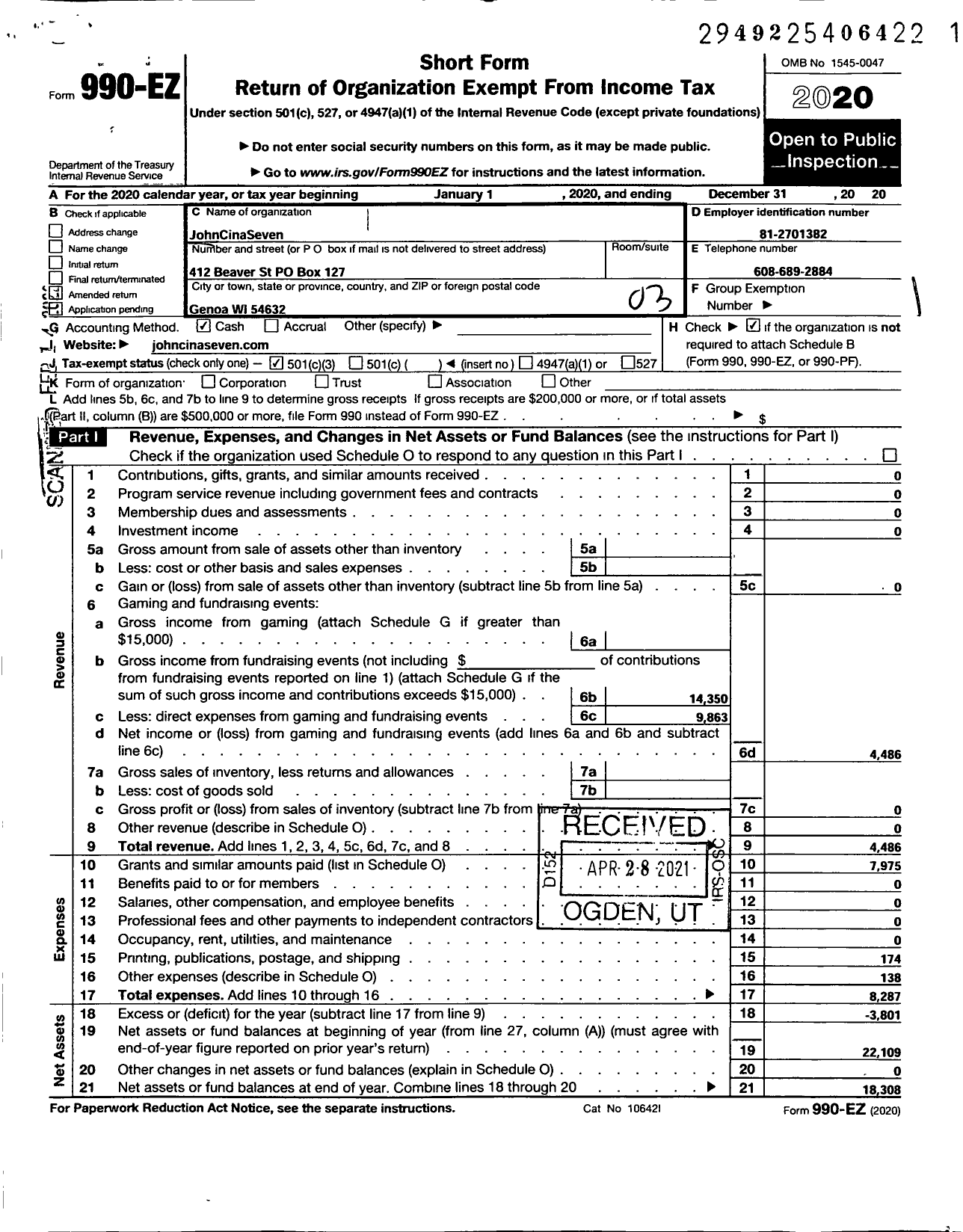 Image of first page of 2020 Form 990EZ for JohnCinaSeven