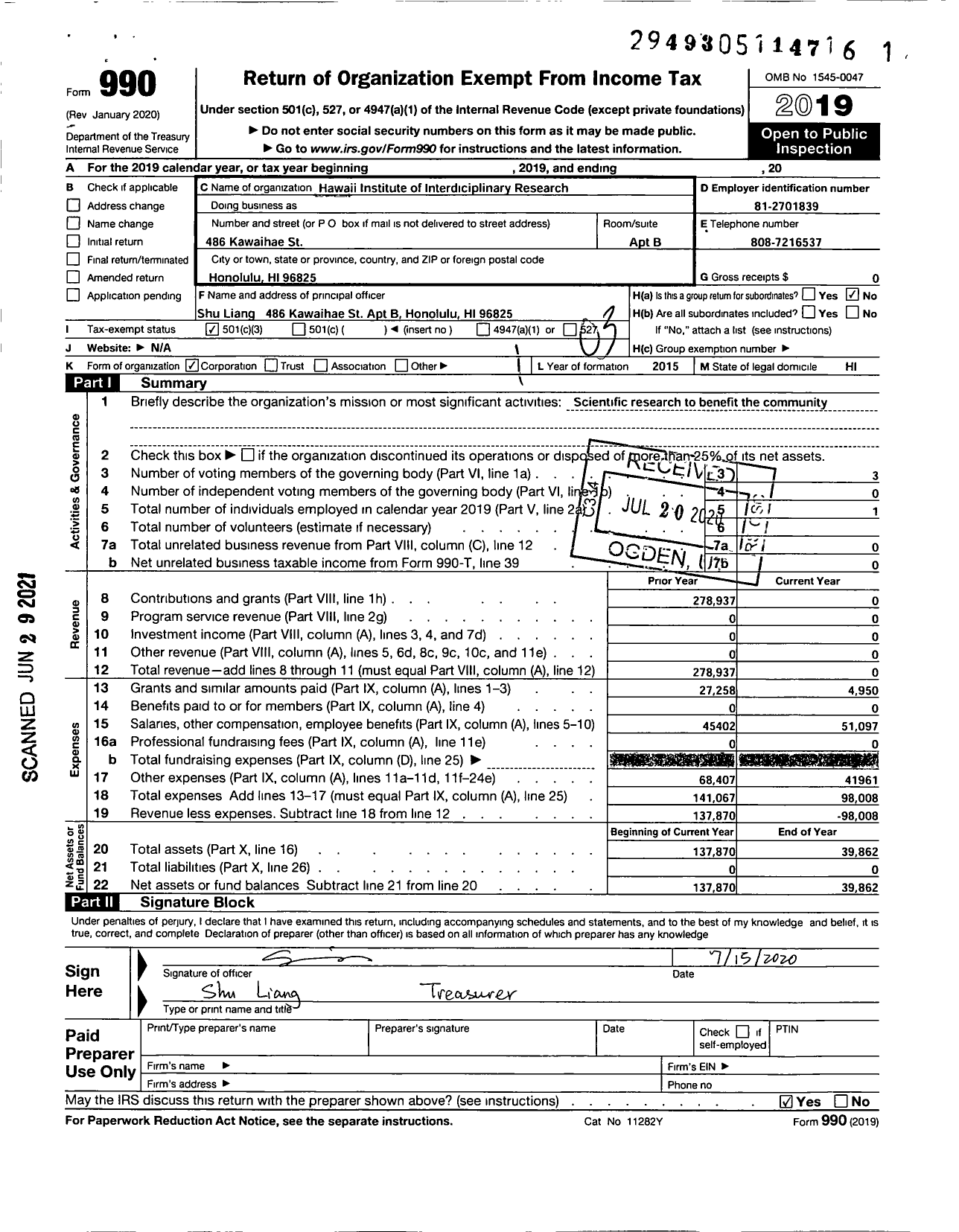 Image of first page of 2019 Form 990 for Hawaii Institute of Interdisciplinary Research (HIIR)