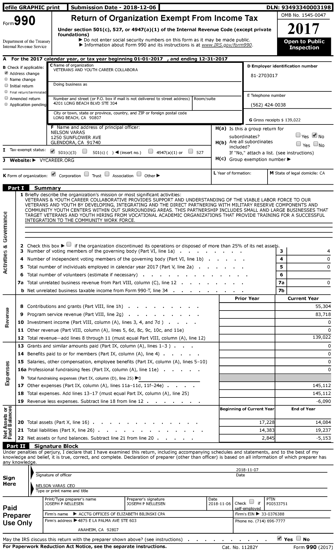 Image of first page of 2017 Form 990 for Veterans and Youth Career Collaboration